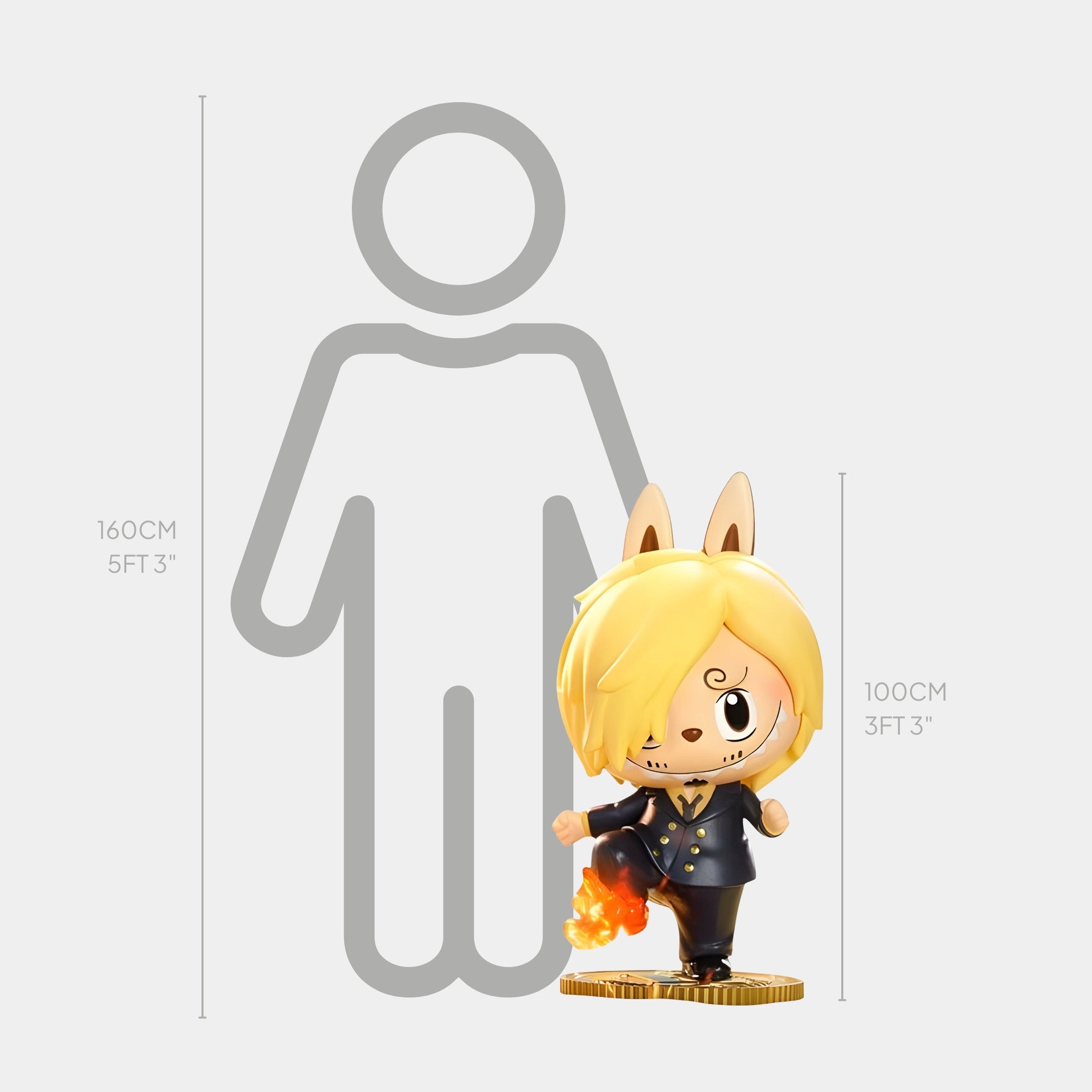 The Grand Line Sanji Labubu Sculpture - 100cm by Giant Sculptures shows chibi-style Sanji in a black suit with blonde hair and Diable Jambe fire, standing before a 160 cm illustrated human for scale.