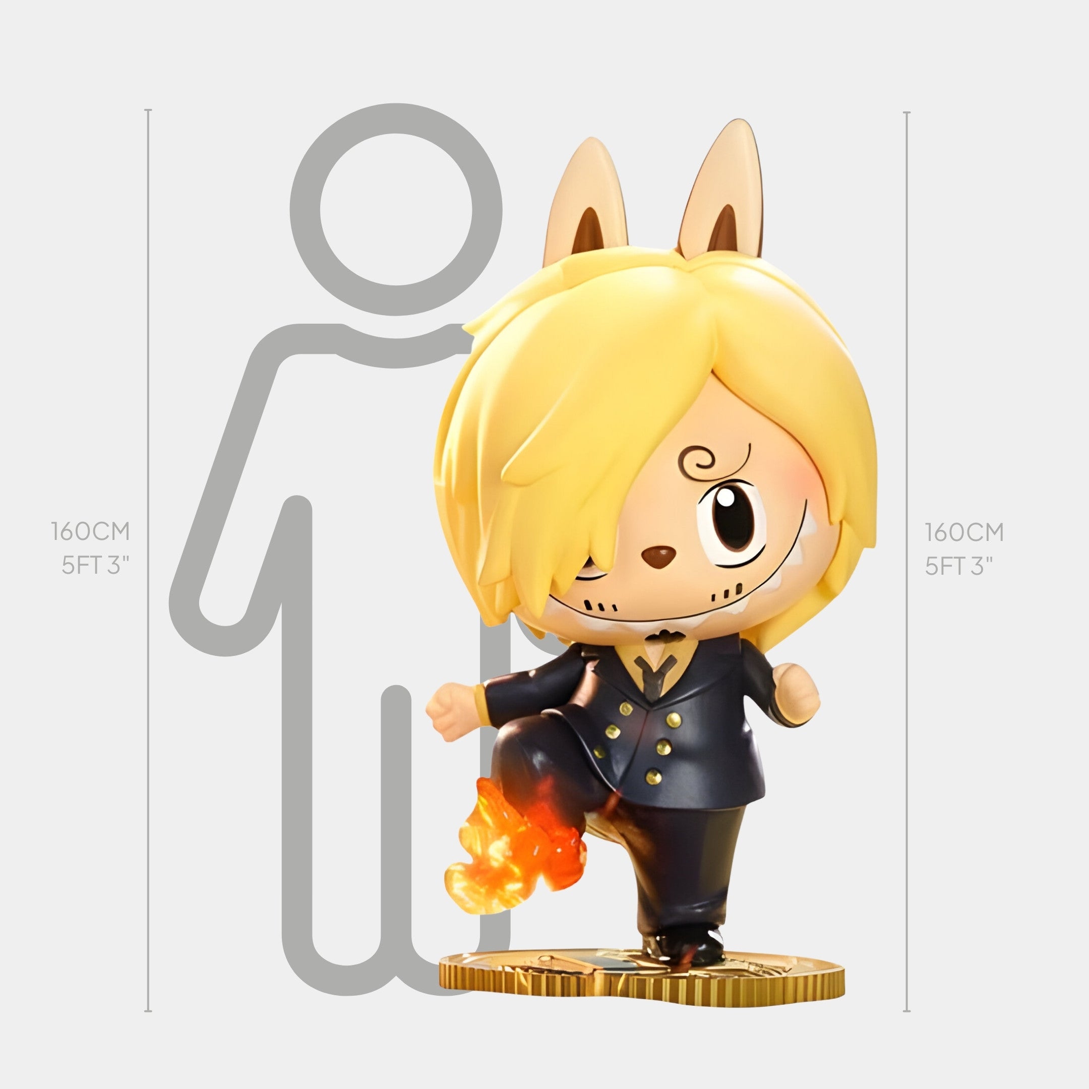 The Grand Line Sanji Labubu Sculpture - 160cm by Giant Sculptures is a chibi-style One Piece collectible of Sanji with blond hair, black suit, animal-like ears, and a flaming foot, shown with a gray 160cm (5ft 3in) outline for scale.