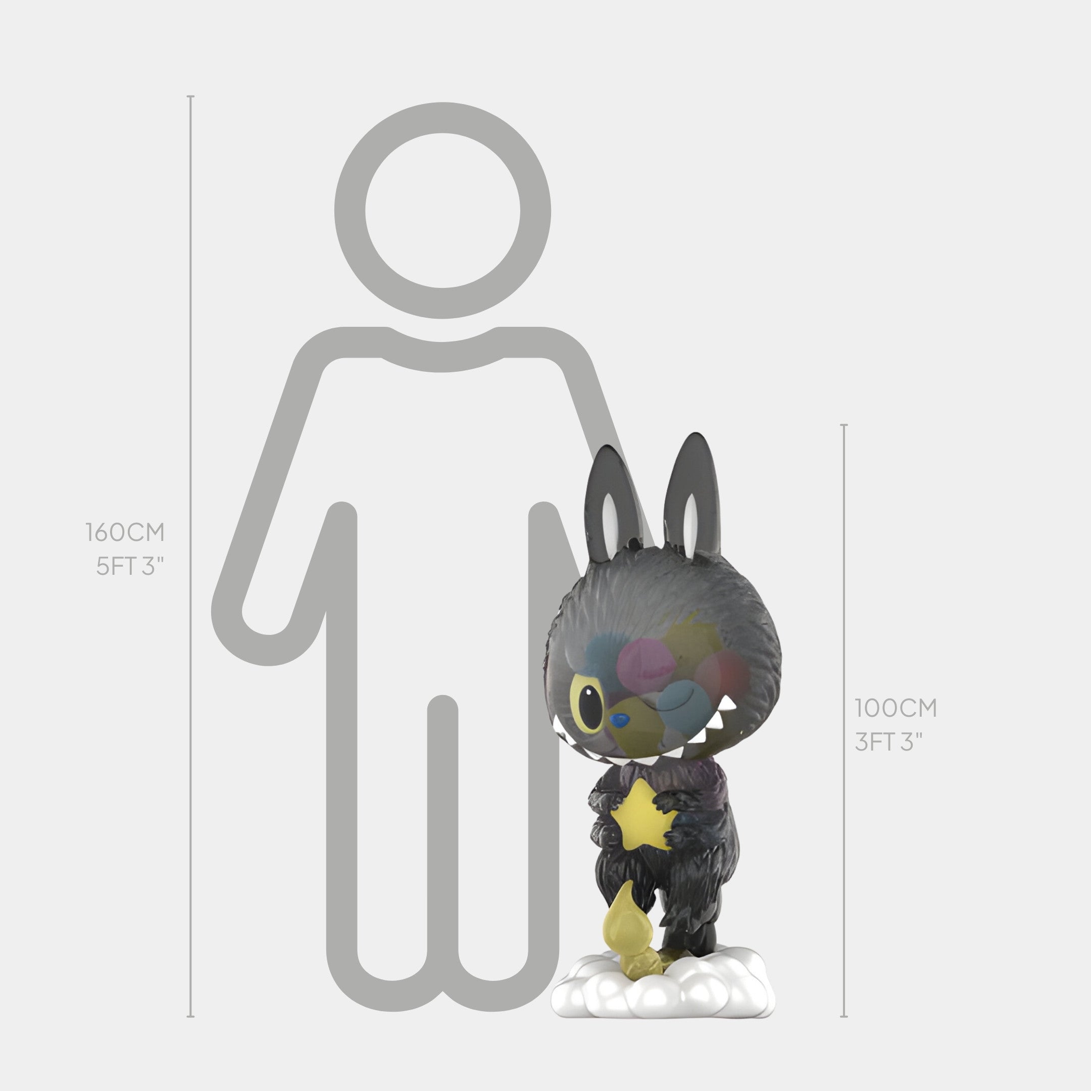 The Constellation Scorpio Labubu Sculpture - 100cm by Giant Sculptures is a striking indoor piece featuring a large, dark-furred bunny-like figure on a cloud holding a yellow star, standing about 100 cm tall for impressive display.