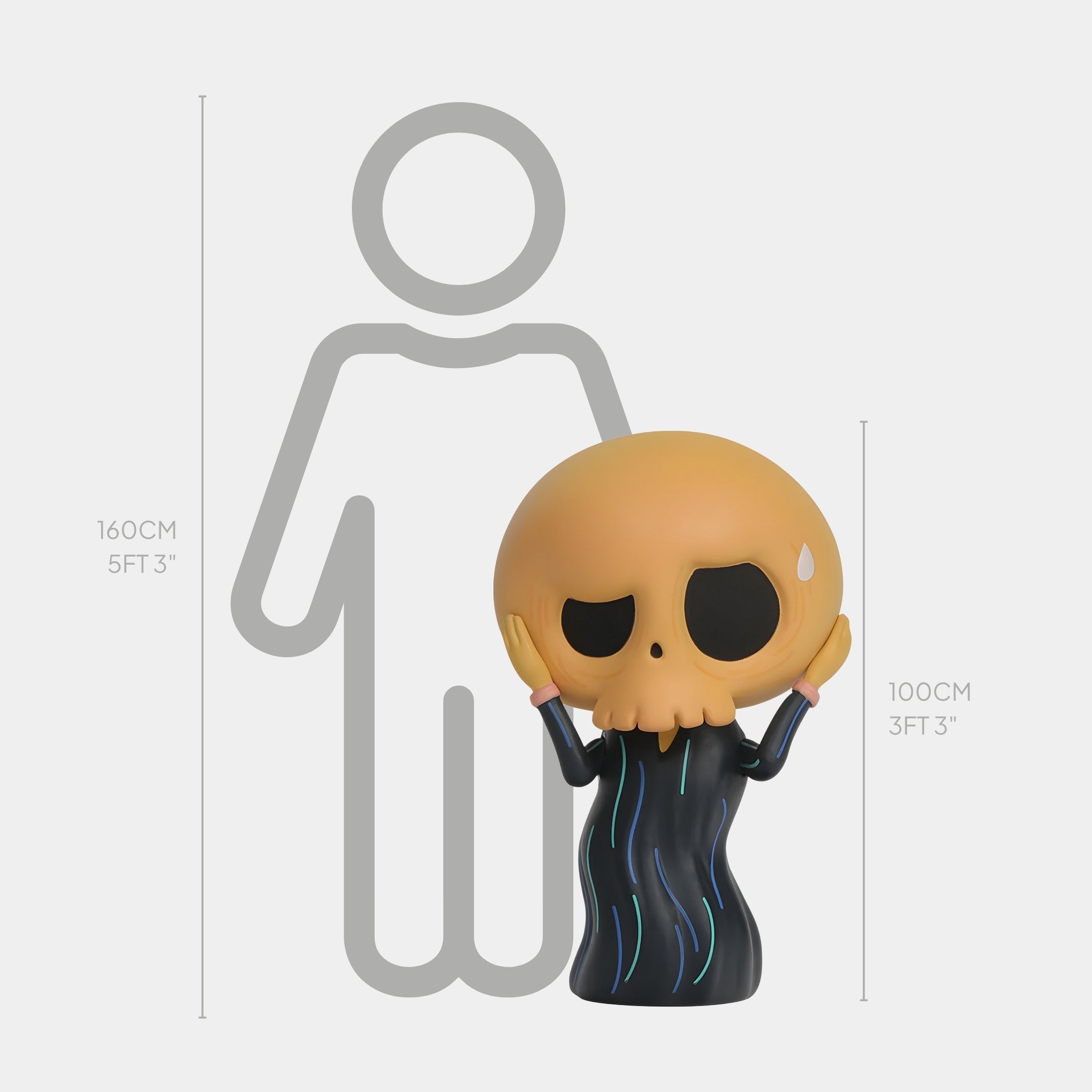 The Giant Sculptures Art History Scream Skull Labubu Sculpture (100cm) stands beside a height chart, highlighting its size next to a 160cm (5ft 3in) human outline.