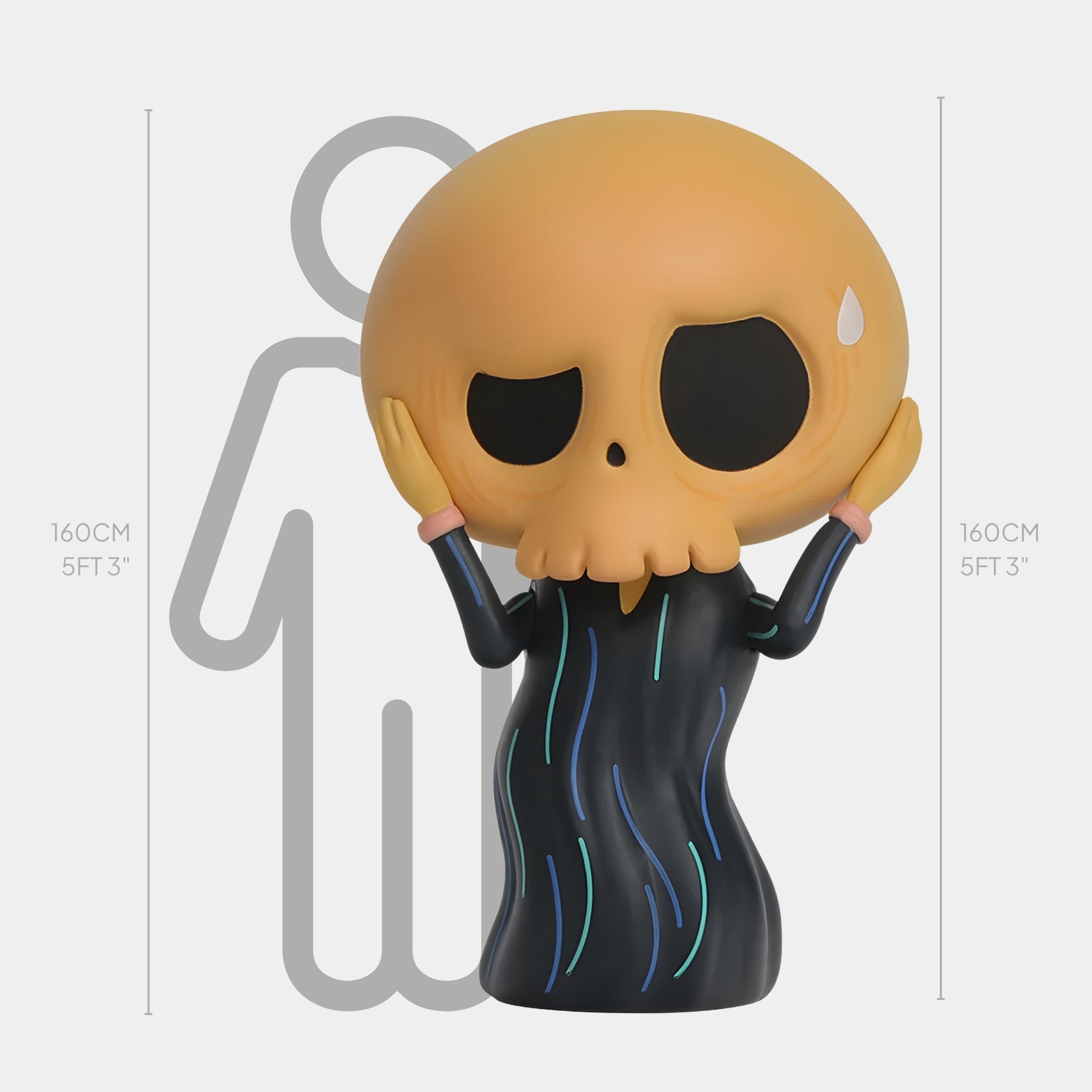 The Giant Sculptures Art History Scream Skull Labubu Sculpture stands 160cm tall, featuring a cartoonish worried expression and a black outfit with colorful wavy lines inspired by expressionist art.