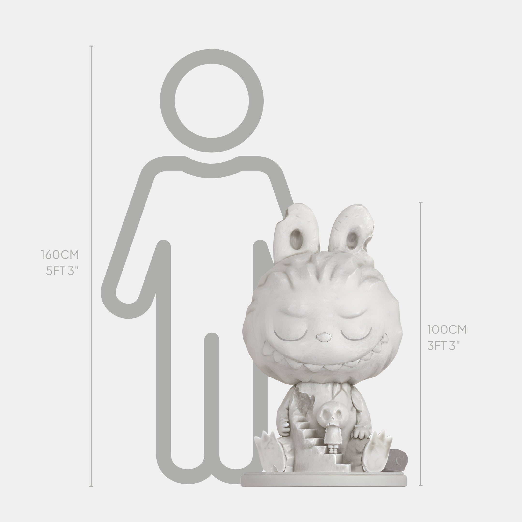 The Hidden Skull Labubu Sculpture by Giant Sculptures is a limited-edition, 100 cm (3 ft 3 in) tall fiberglass piece shown beside a 160 cm (5 ft 3 in) scale graphic of a person for size comparison.