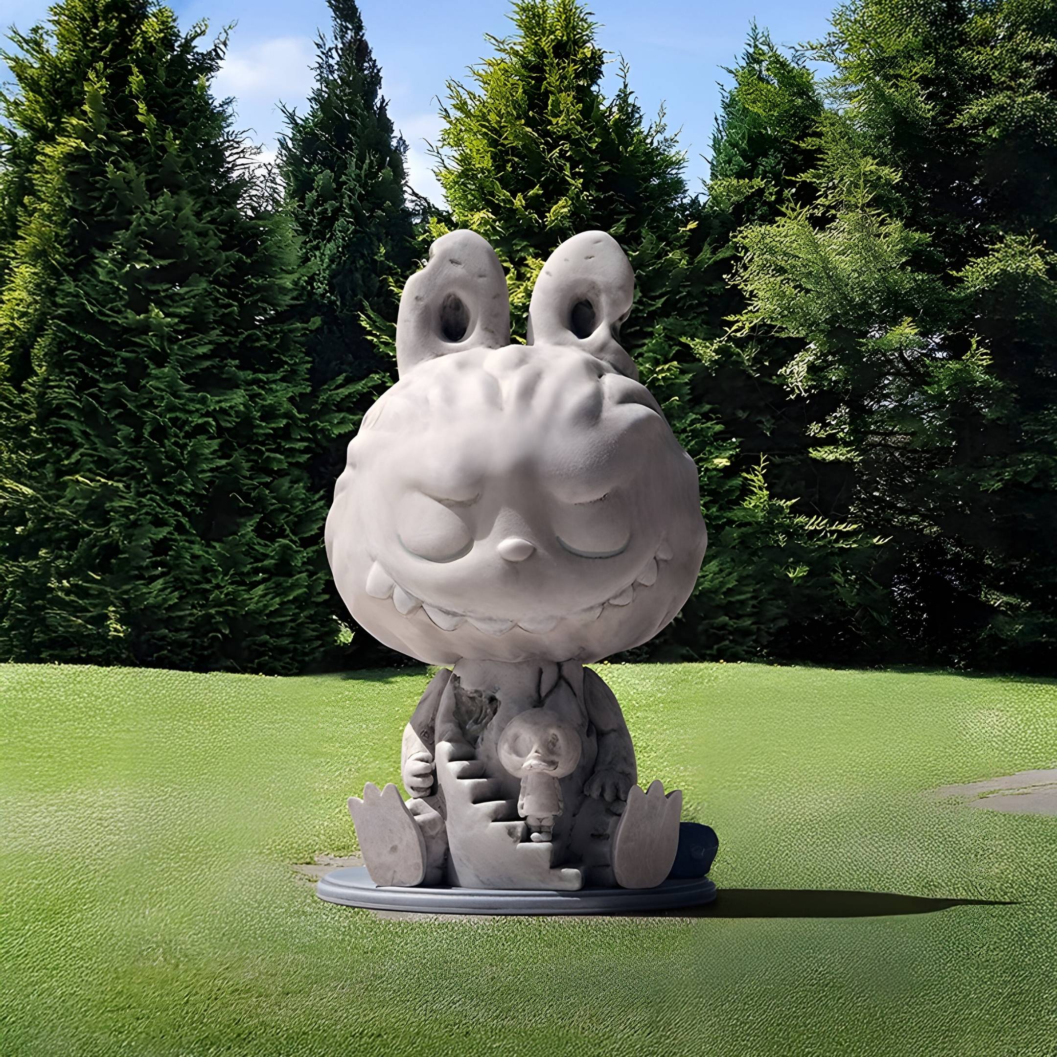The Giant Sculptures Hidden Skull Labubu Sculpture - 160cm, a large stone figure of a grinning, closed-eye rabbit, sits on grass amid tall evergreen trees under a blue sky.