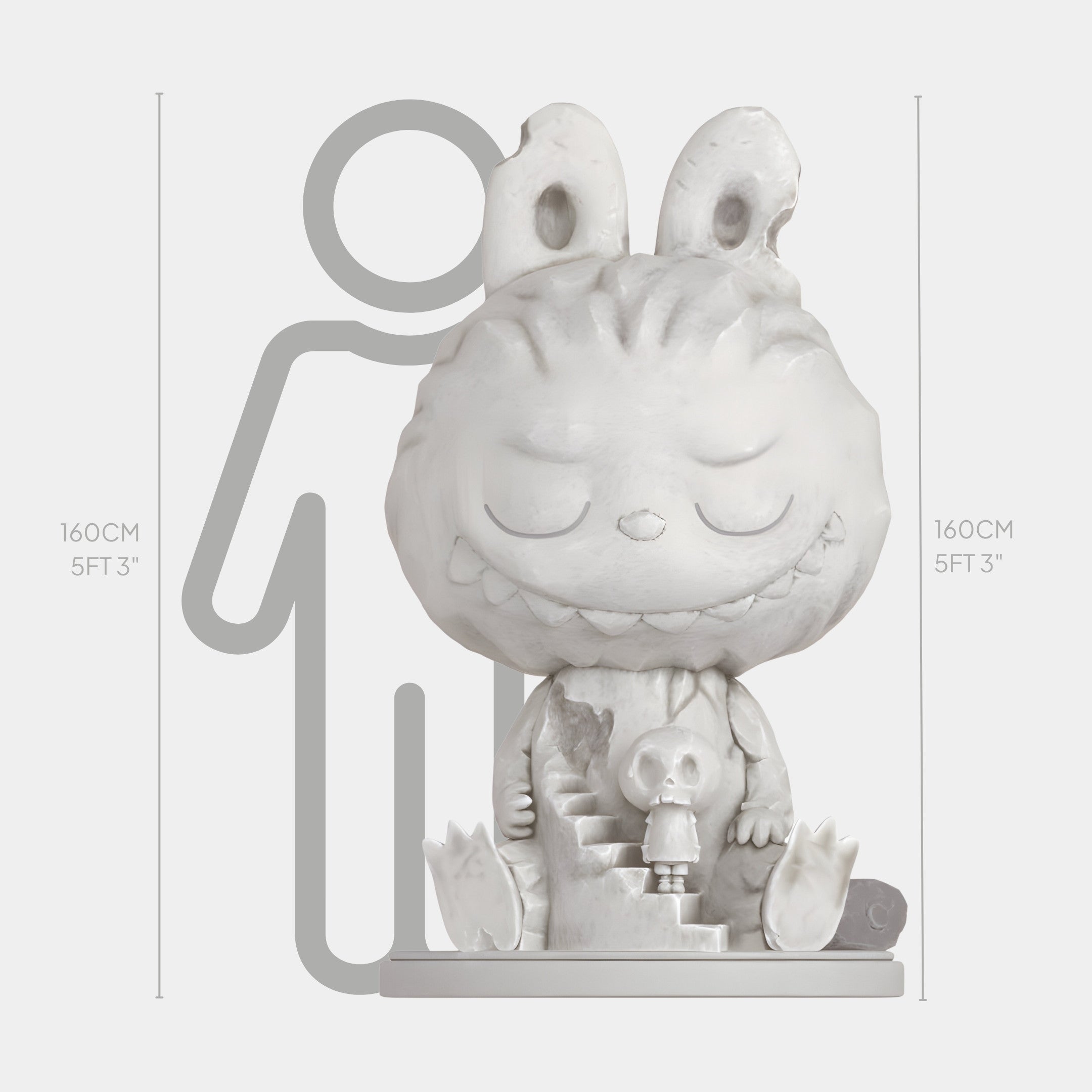 The Giant Sculptures Hidden Skull Labubu Sculpture - 160cm features a marble-like, cartoonish bunny with closed eyes, cross-legged before a height chart. At 160cm, it matches the human silhouette—perfect for contemporary décor.