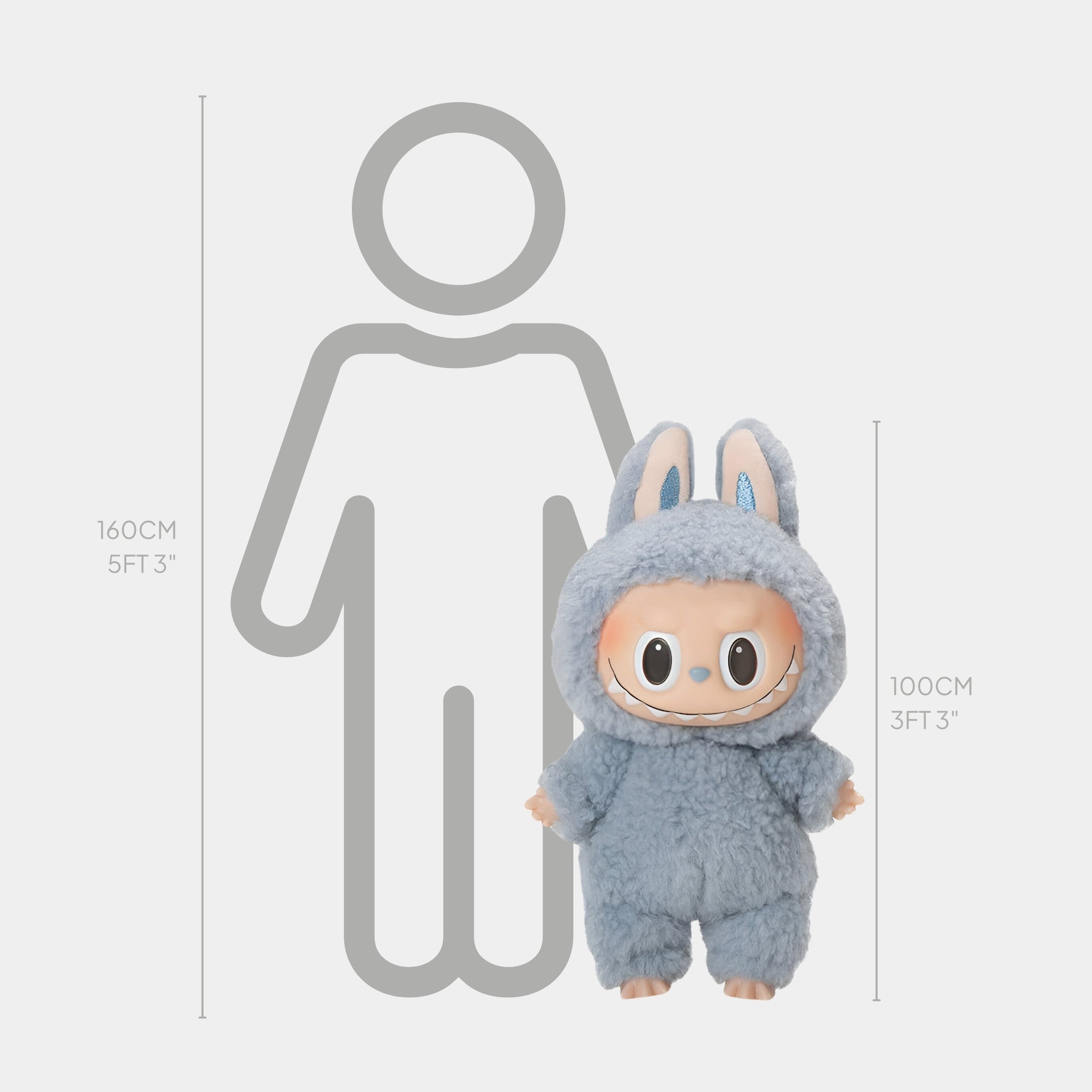 The Fluffy Walkers Frost Blue Labubu Sculpture by Giant Sculptures stands 100 cm (3 ft 3 in) tall in a fuzzy blue bunny costume, shown beside a 160 cm (5 ft 3 in) person for scale.