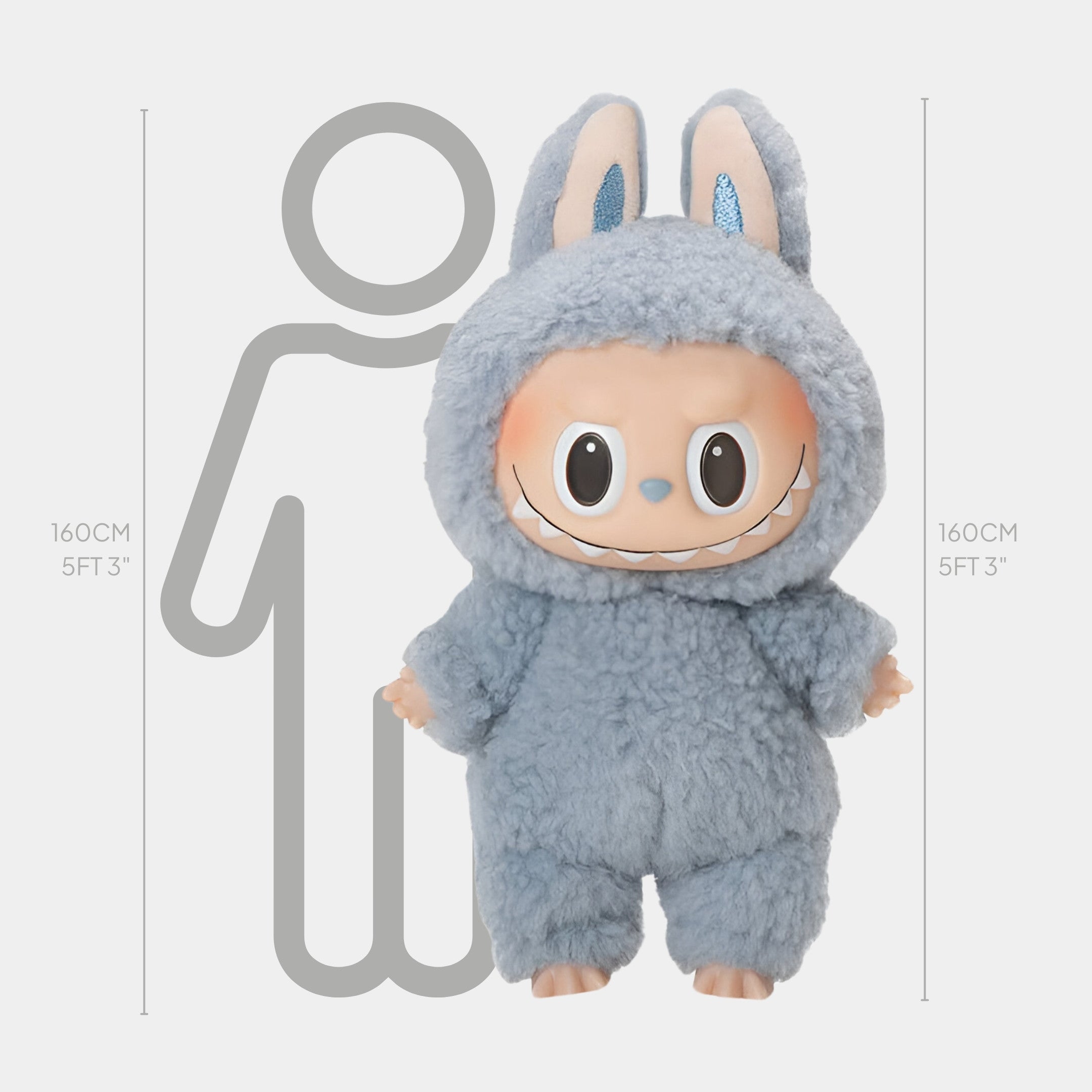 The Fluffy Walkers Frost Blue Labubu Sculpture by Giant Sculptures stands 160 cm tall, shown in a blue bunny costume with a big smile and large eyes, posed before a gray human outline for scale.