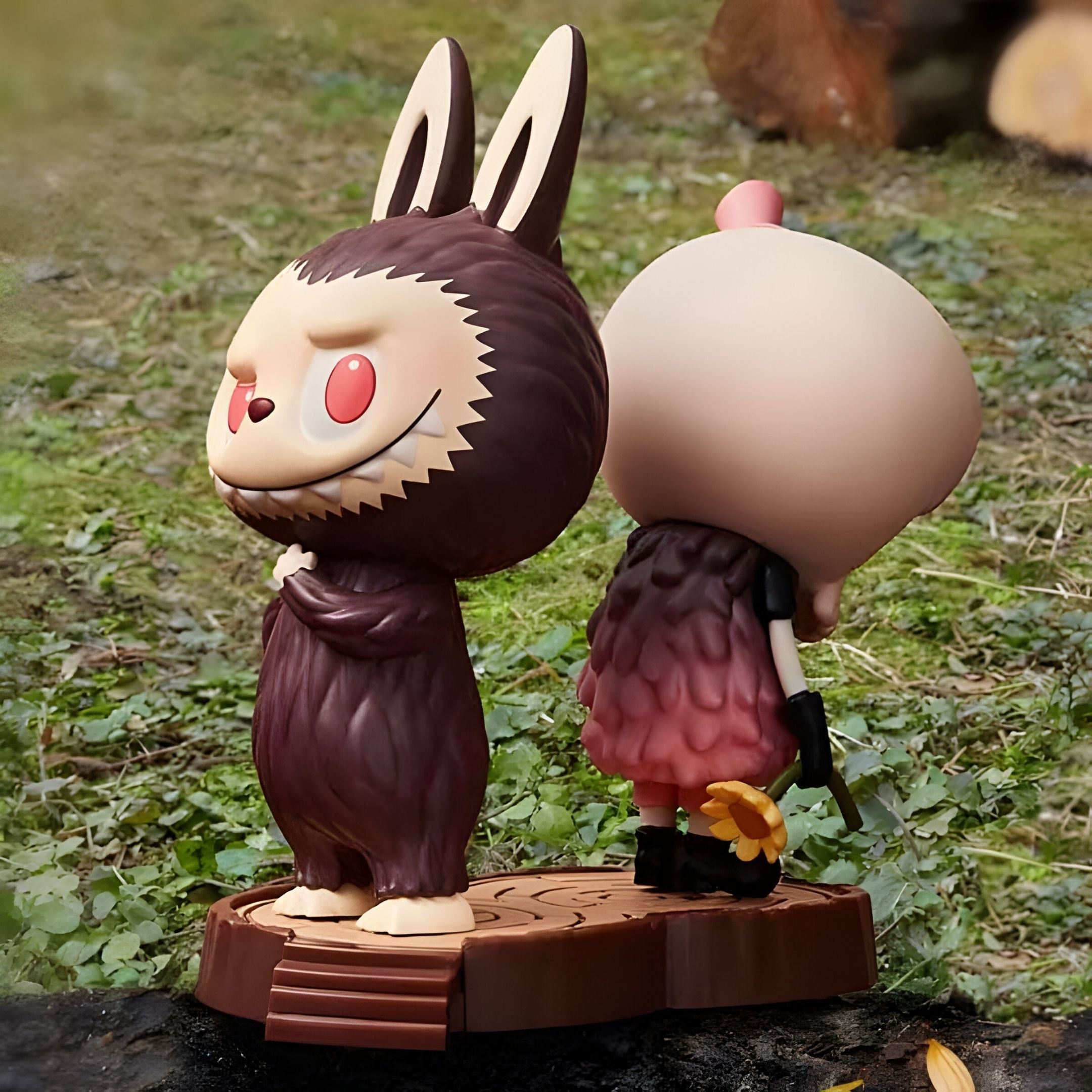 Two Spooky Buddies Silent Feud Labubu Sculptures by Giant Sculptures (100cm) stand back-to-back outdoors—one with bunny ears and furry attire, the other round-headed in a dress holding a yellow flower.