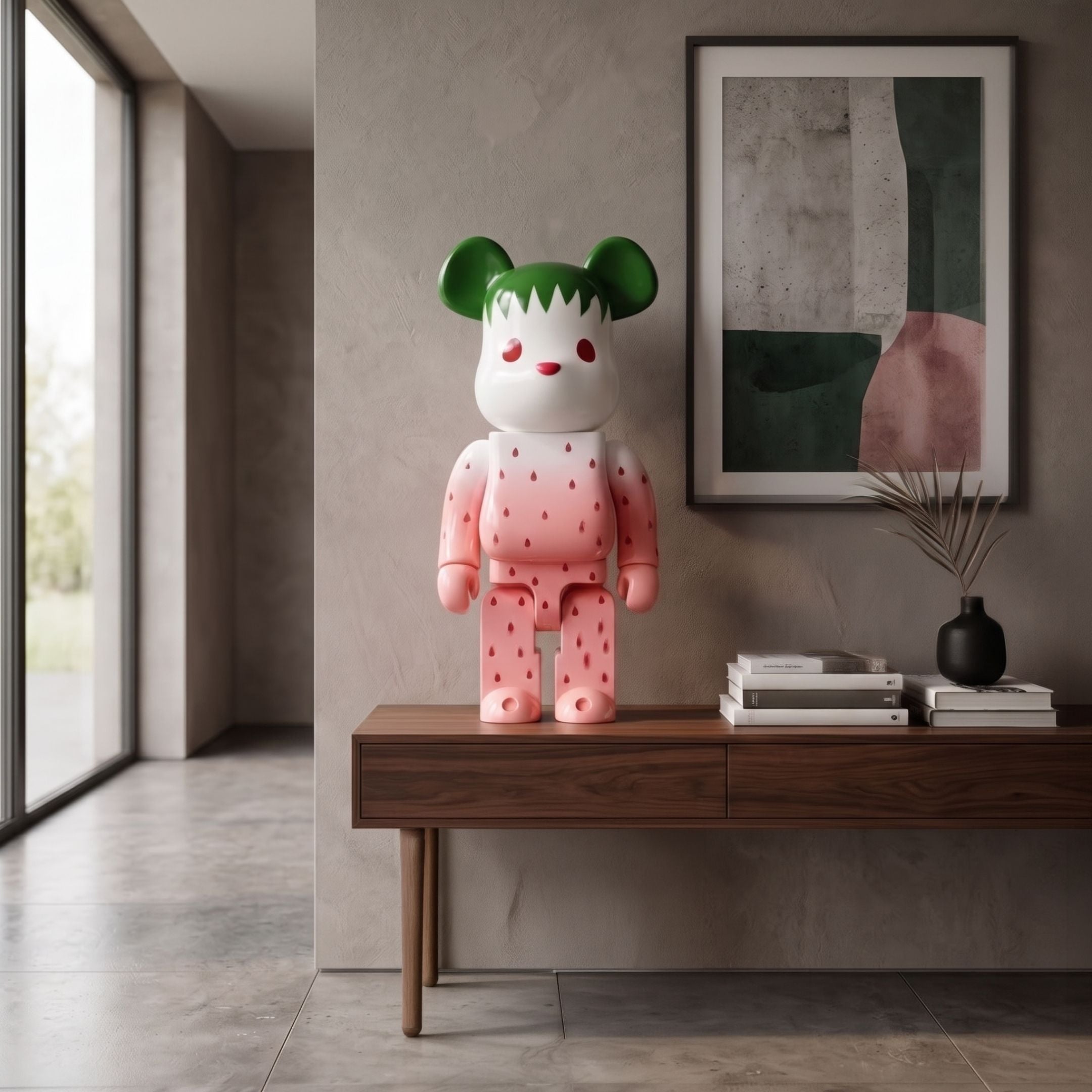 Seeded Gradient Bear Sculpture - 70cm by Giant Sculptures, green-eared bear with pink strawberry-seed pattern, displayed on a wooden console beside framed abstract art.