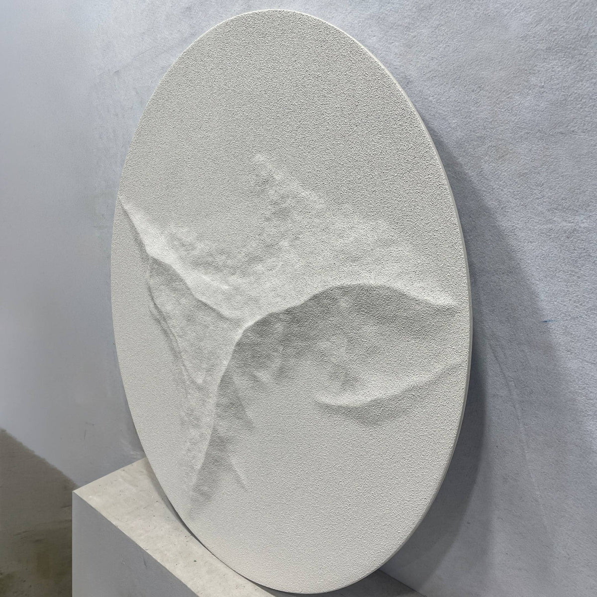 Selene V White Sandstone Textured 3D Wood Relief Wall Art, oval shape with eroded cliff-like texture, leaning against a light grey wall on a stone platform.