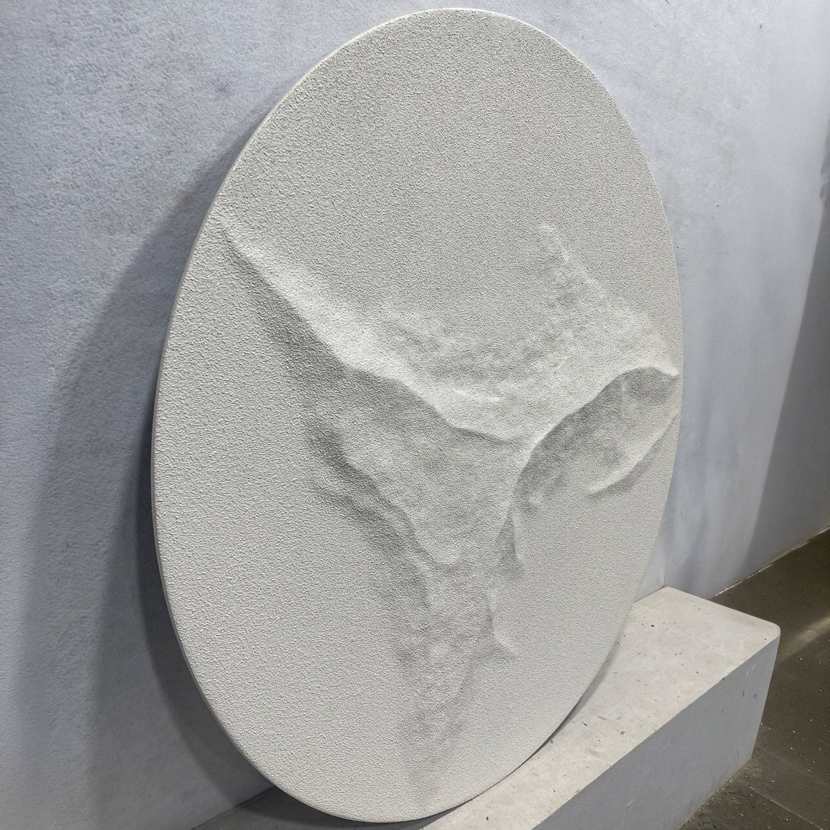 Selene V White Sandstone Textured 3D Wood Relief Wall Art, round panel with eroded cliff-like texture, leaning against a grey wall on a stone plinth.