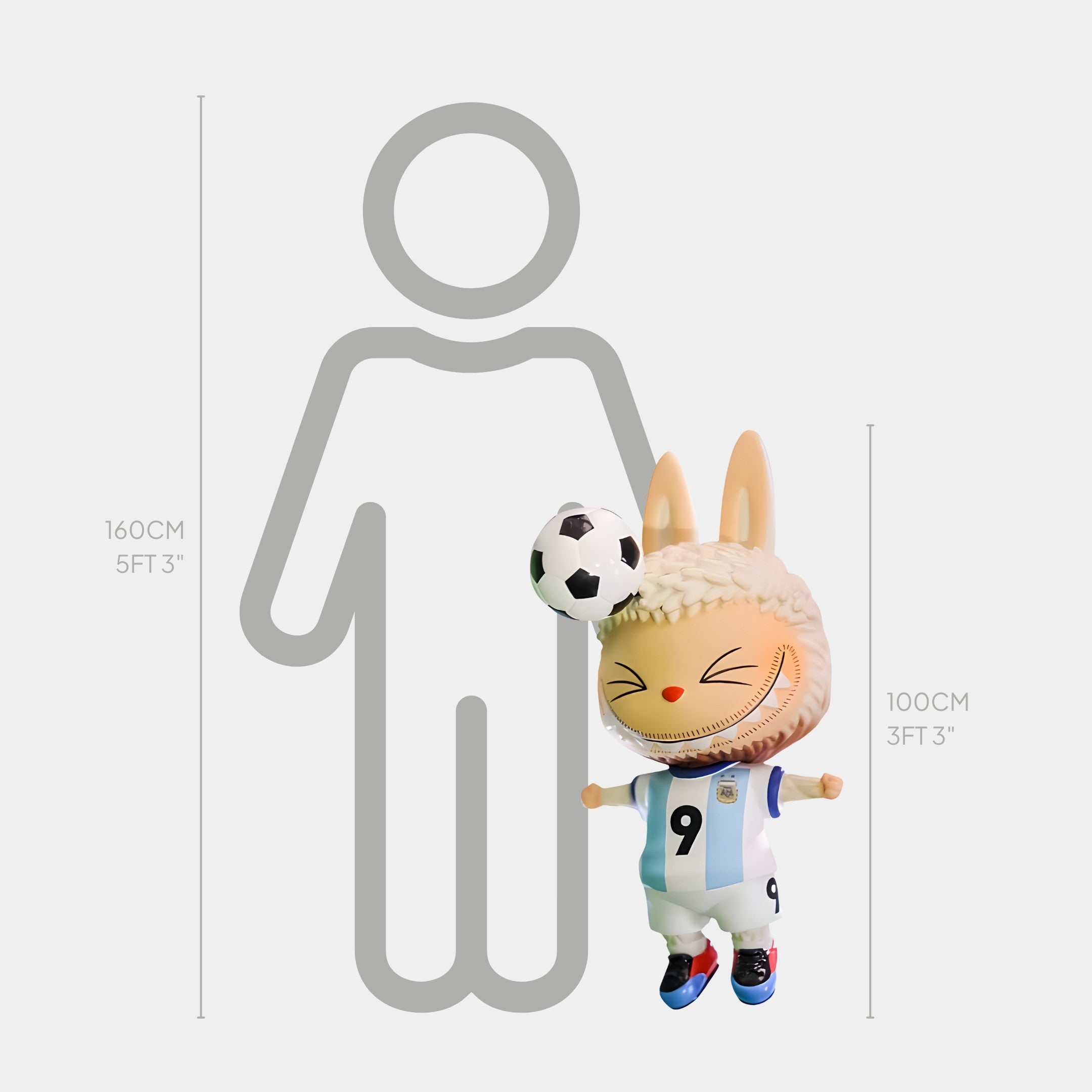 The World Cup No.9 Header Labubu Sculpture by Giant Sculptures stands 100cm tall, shown heading a soccer ball next to a height chart and human silhouette—perfect for sports-themed interiors.