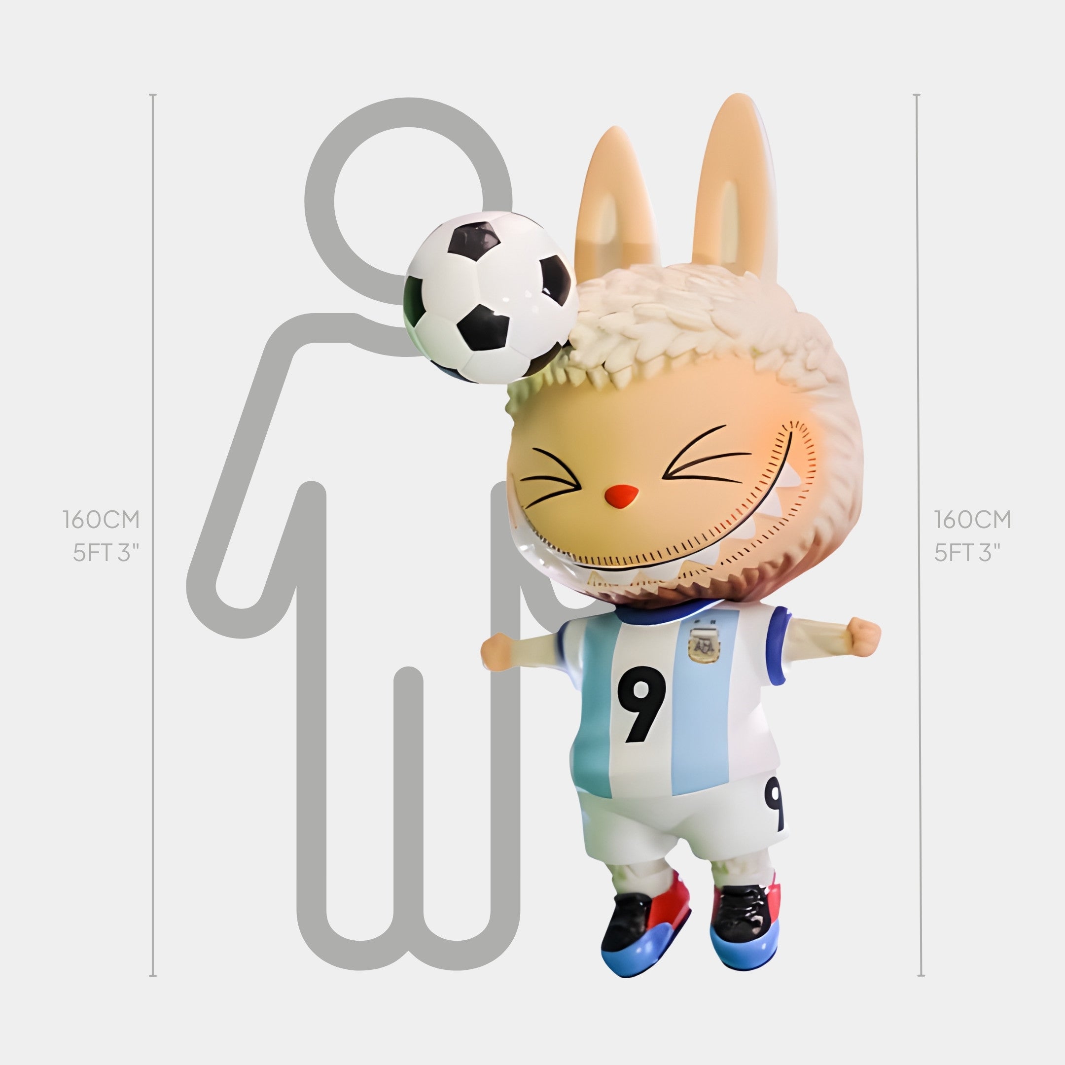 The Giant Sculptures World Cup No.9 Header Labubu Sculpture stands 160cm tall, featuring a rabbit-like cartoon Labubu in an Argentina football jersey, number 9, heading a soccer ball.