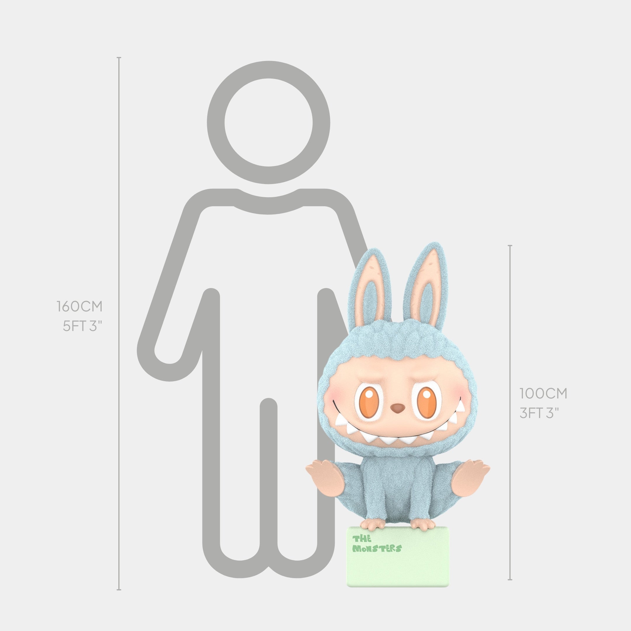 The 100cm Lazy Yoga Show Off Labubu Sculpture by Giant Sculptures, featuring a cartoon figure in a blue bunny costume, stands beside a height chart and a simplified human outline labeled 160cm (5 ft 3 in).