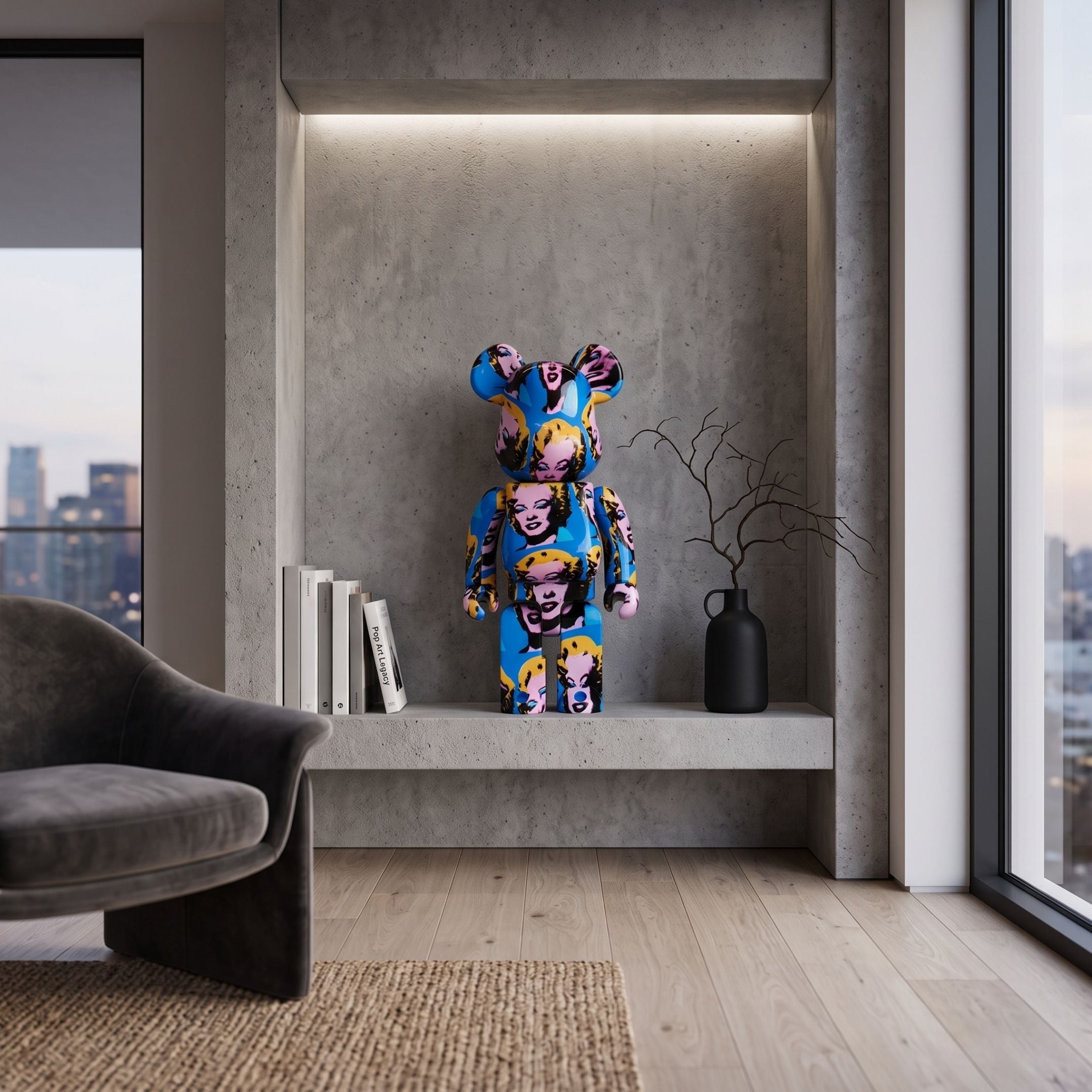 Silkscreen Muse Bear Sculpture - 70cm, a blue pop-art Marilyn Monroe print bear, displayed on a concrete shelf beside books and a black vase in a modern living room.