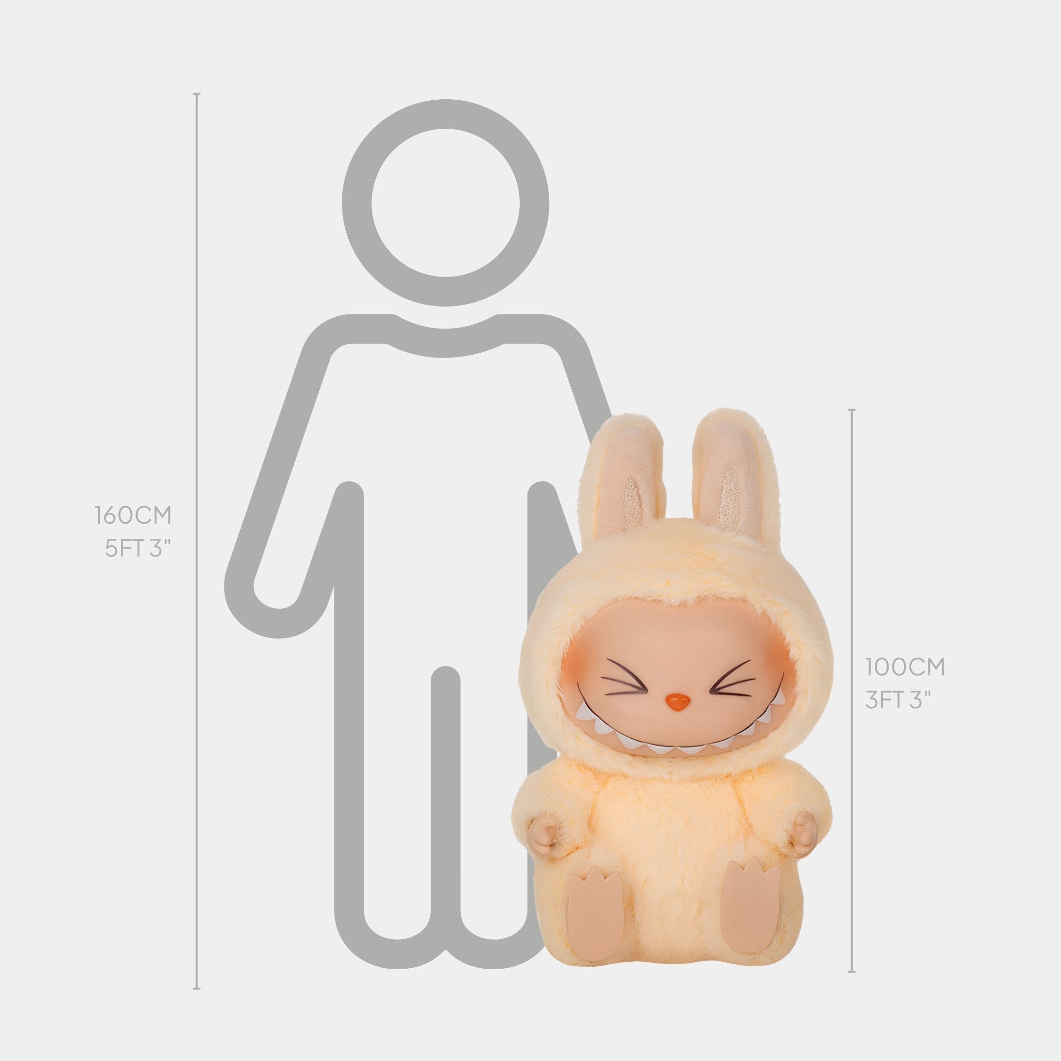 The Giant Sculptures Fluffy Monsters Cheeky Cream Labubu Sculpture stands about 100 cm tall, making it ideal for display next to the 160 cm person graphic shown behind it.