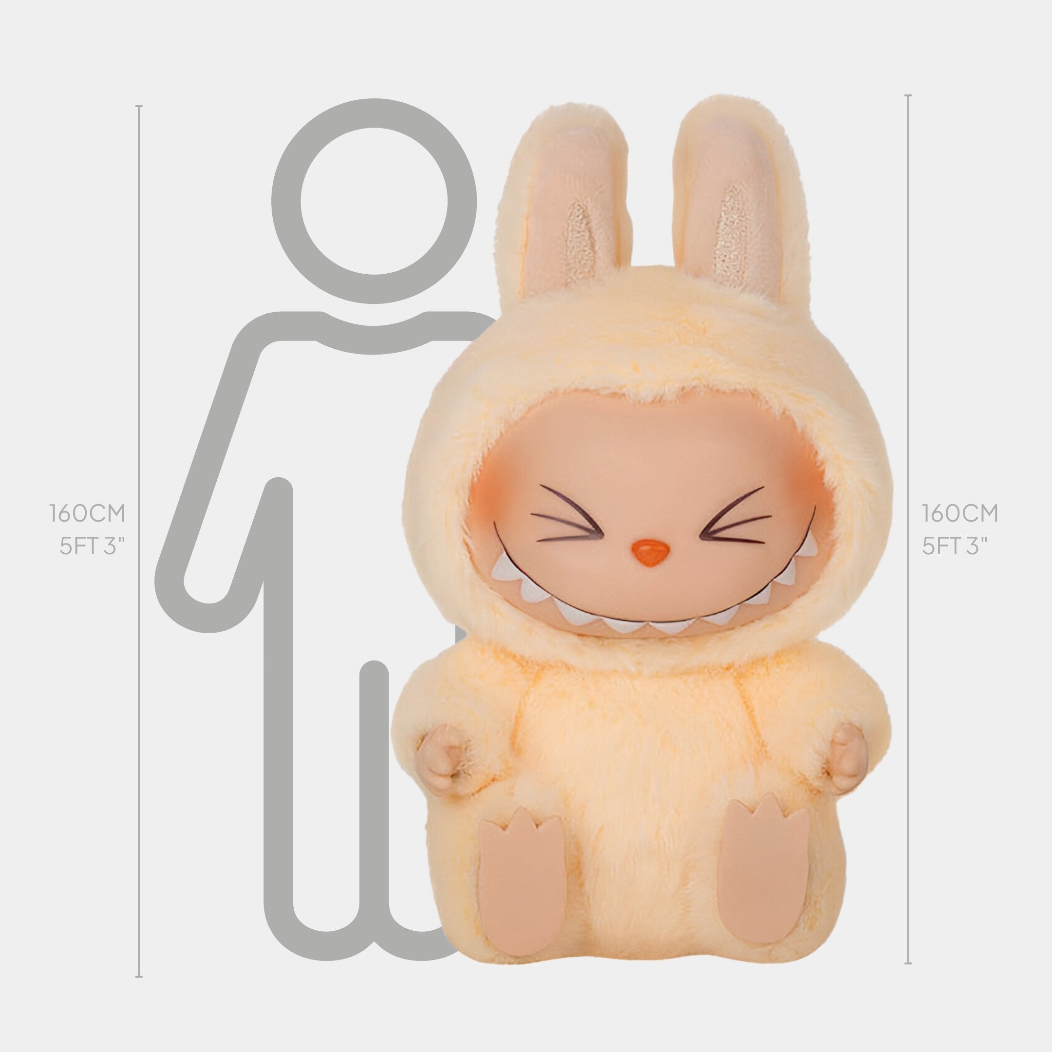 The Fluffy Monsters Cheeky Cream Labubu Sculpture by Giant Sculptures is a 160cm-tall plush figure with a wide grin and closed eyes, wearing a soft yellow bunny costume with ears, shown next to an outline of a person for scale.