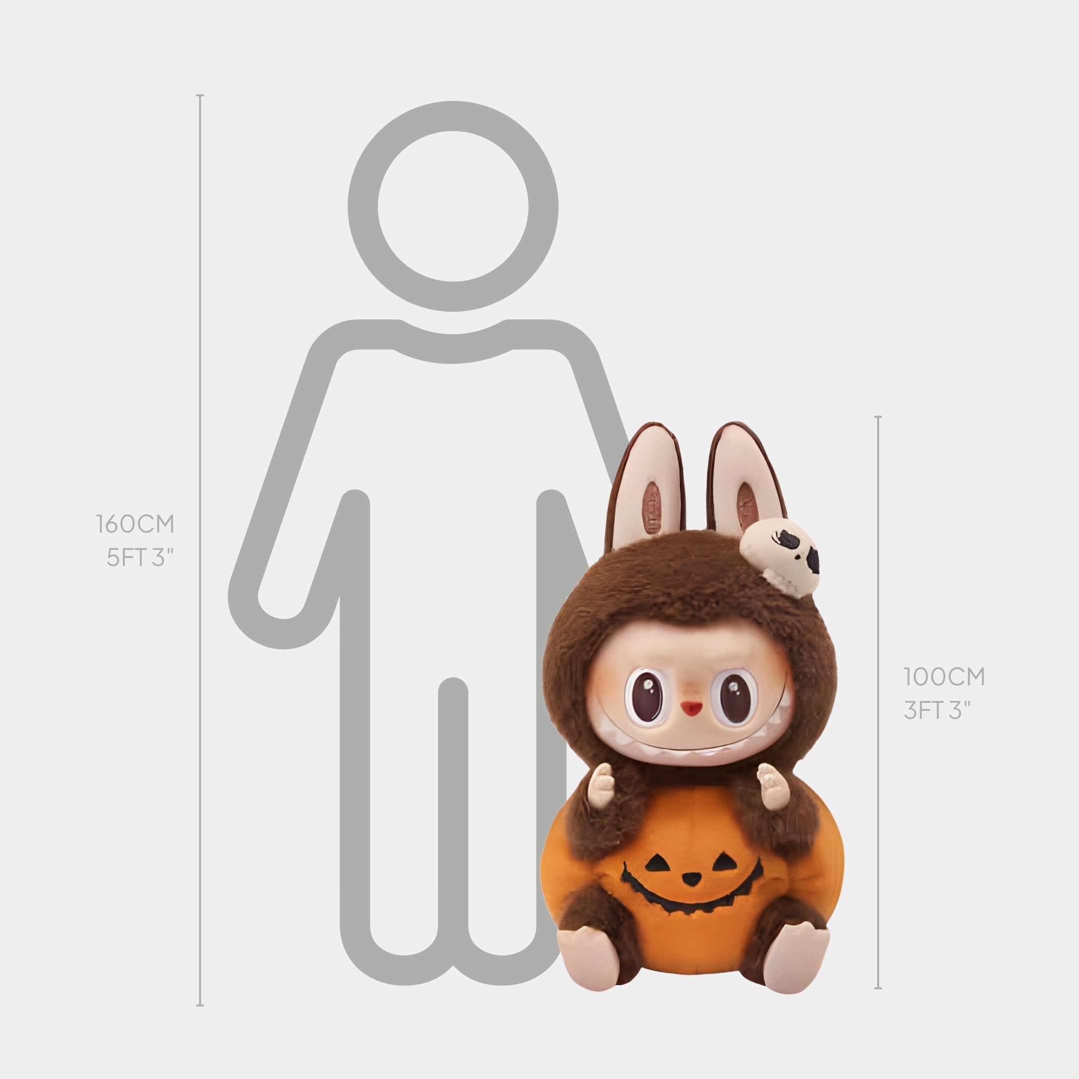 The Giant Sculptures Pumpkin Spirits Halloween Labubu Sculpture stands 100 cm tall, featuring a brown bunny costume with a skull headpiece and orange Jack-o’-lantern outfit, shown next to a 160 cm human outline for size comparison.