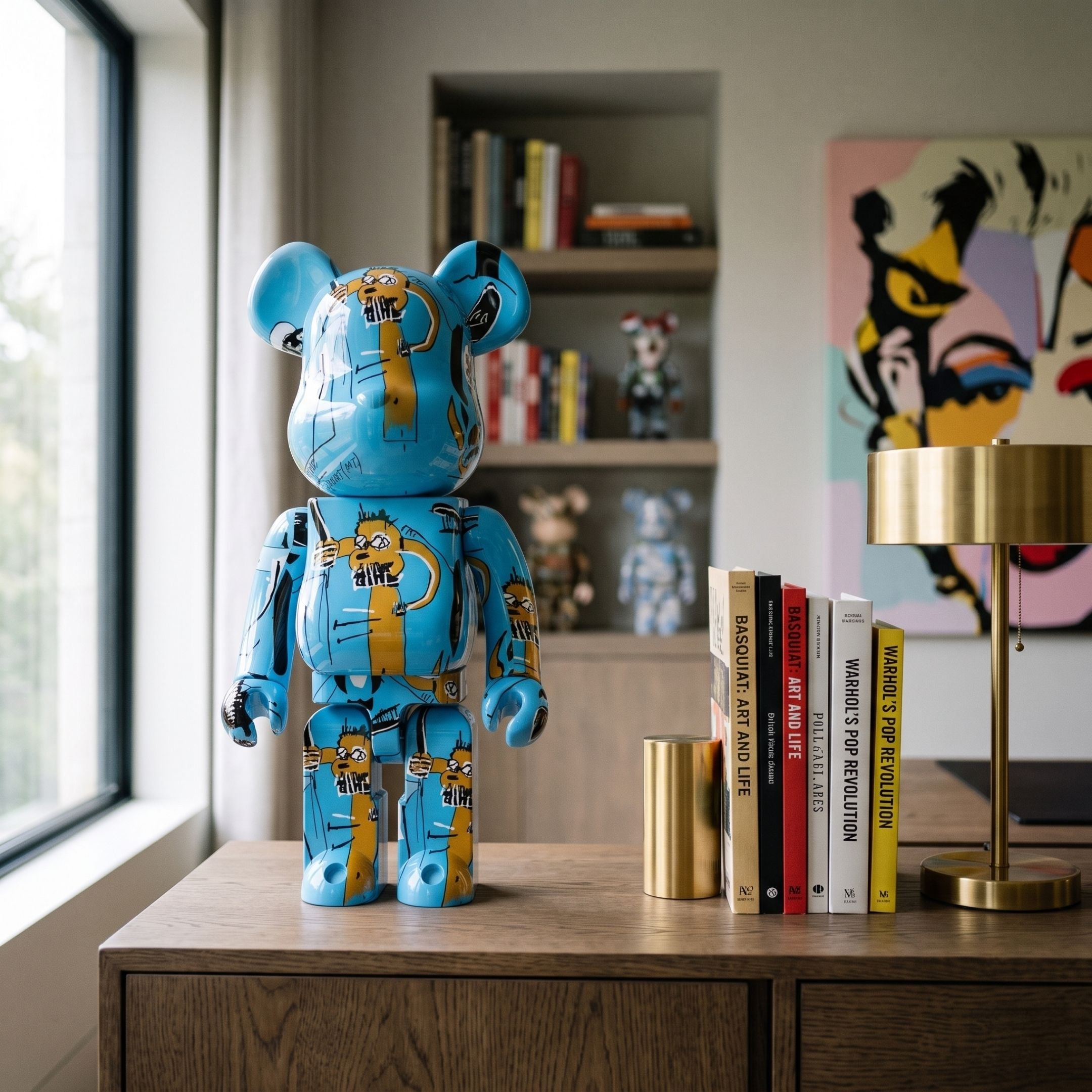 Skyline Scribble Bear Sculpture (70cm) in blue with gold, black, and white scribble graphics, displayed on a wooden cabinet near art books and a shelf.