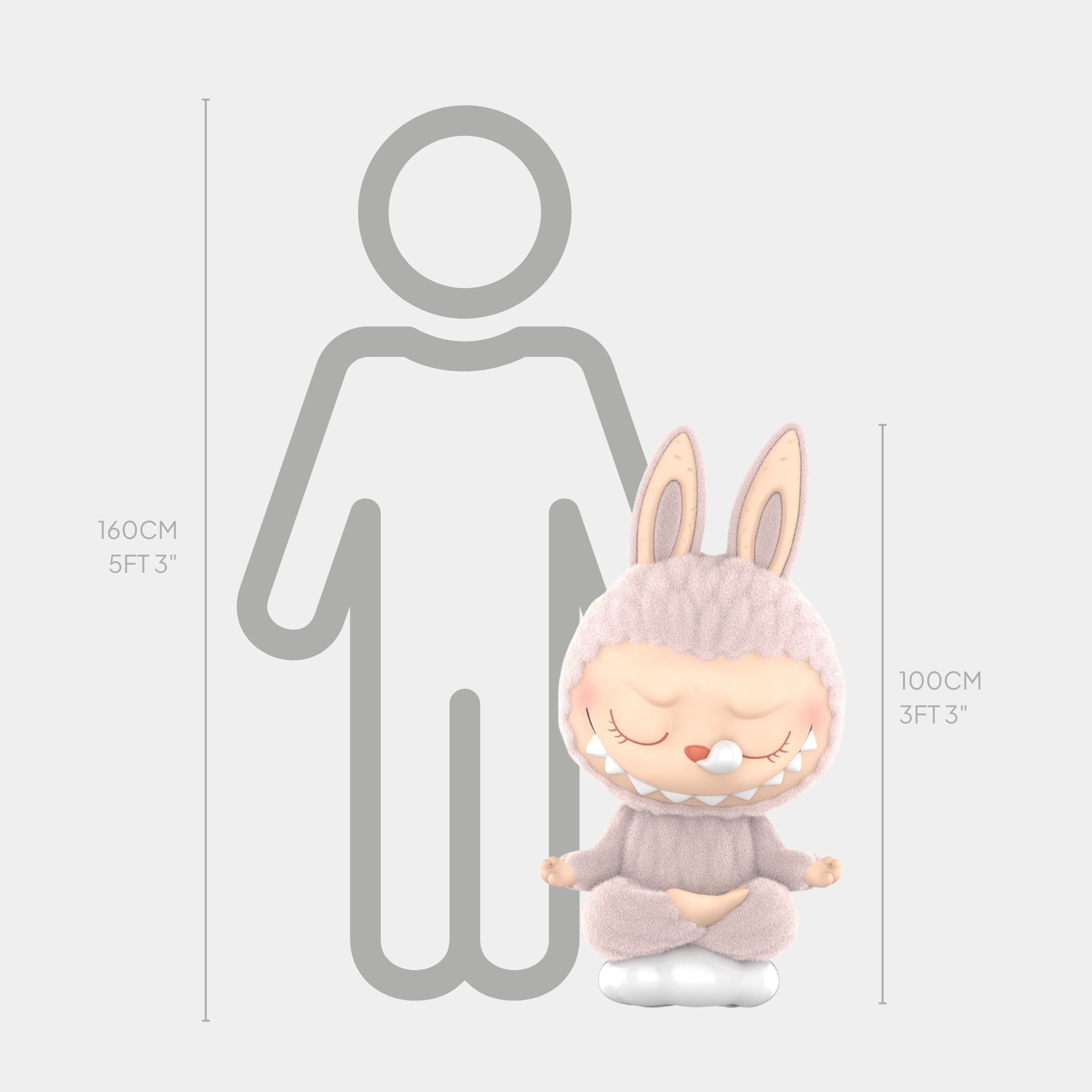 The Giant Sculptures Lazy Yoga Sleeping Labubu Sculpture (100cm) in a fuzzy bunny outfit stands by a height chart alongside an illustrated adult (160cm), highlighting its impressive size and peaceful vibe.