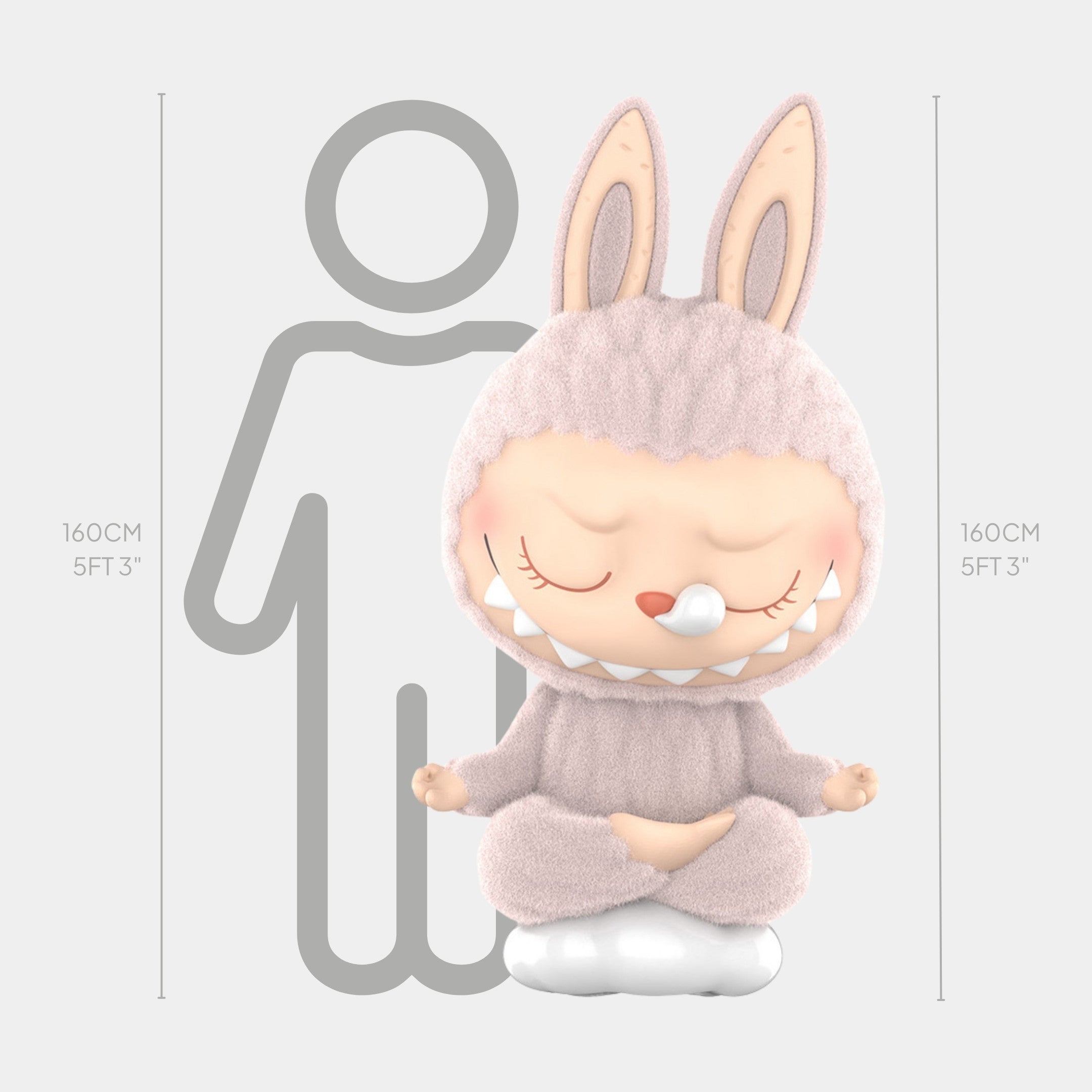 The Lazy Yoga Sleeping Labubu Sculpture - 160cm by Giant Sculptures features a plush, cross-legged Labubu in a bunny costume with closed eyes—ideal for modern spaces and fans of fibreglass art toys.