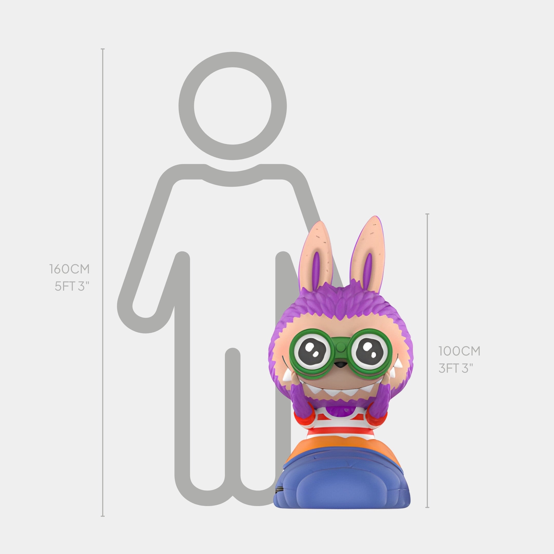 The Camp Life Lookout Labubu Sculpture - 100cm by Giant Sculptures features a purple, bunny-eared figure with glasses. At 100 cm tall, it’s ideal for indoor display and shown here in front of a size chart next to a 160 cm human outline.