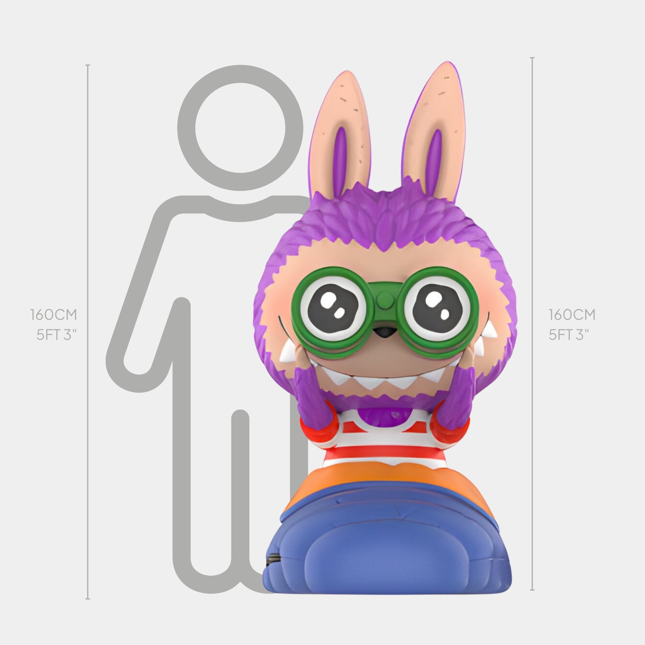 The Camp Life Lookout Labubu Sculpture by Giant Sculptures is a 160cm-tall figure with bunny ears, big green glasses, and purple fur on a blue-orange base. Shown beside a height chart and human outline, it’s perfect for indoor display or as collectible art.