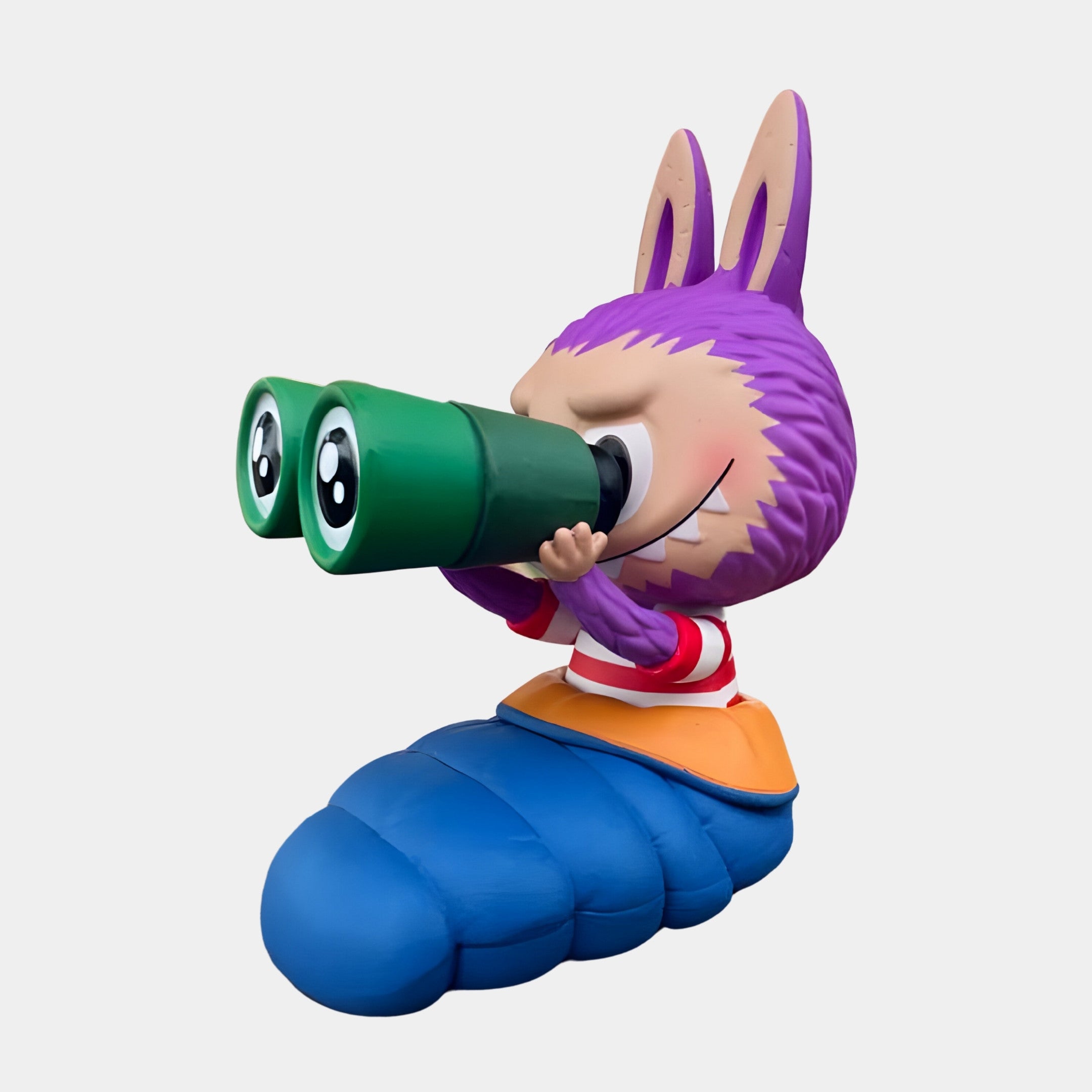 The Camp Life Lookout Labubu Sculpture (160cm) by Giant Sculptures features a playful character with purple rabbit ears, striped shirt, and orange collar in a blue sleeping bag peering through green binoculars—mischievous art for any space.