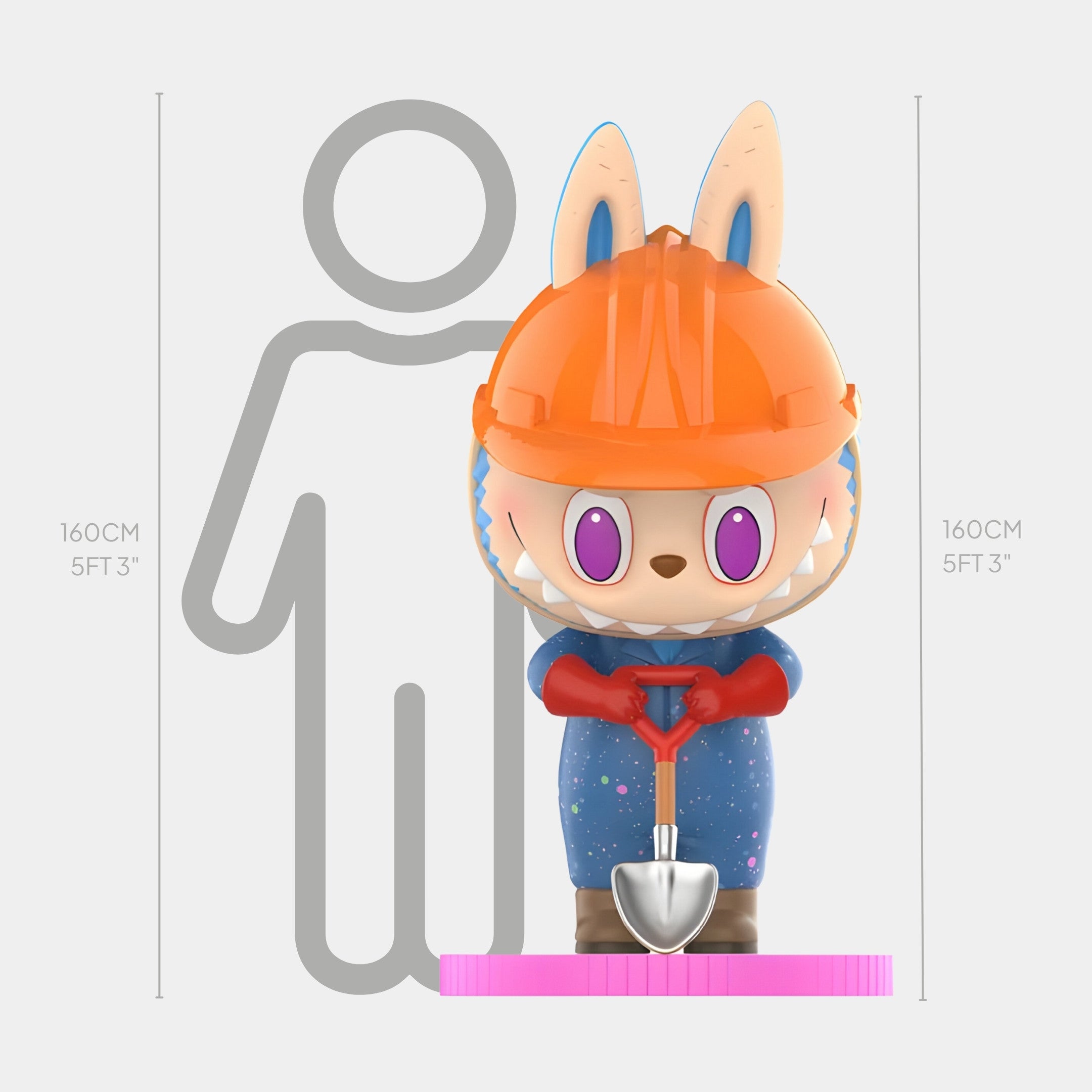 The Sliced Sugar Candy Labubu Sculpture by Giant Sculptures stands 160cm tall, featuring a bunny in an orange construction helmet and blue outfit with a shovel, shown beside a gray human silhouette for scale. Made from durable fibreglass.