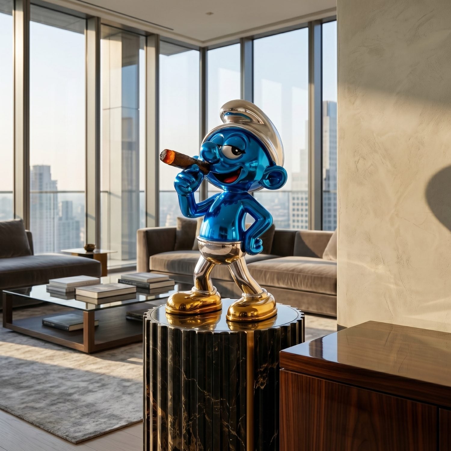 The Smurf Cigar Swagger Sculpture - 70cm by Giant Sculptures, a shiny blue and gold statue holding a cigar, stands on a marble pedestal in a sunlit living room, adding luxury and modern art to the space.