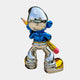Rear view of the Giant Sculptures Pencil Smurf Standing Sculpture in glossy blue, chrome, and gold finish, holding a yellow pencil, against a plain background.