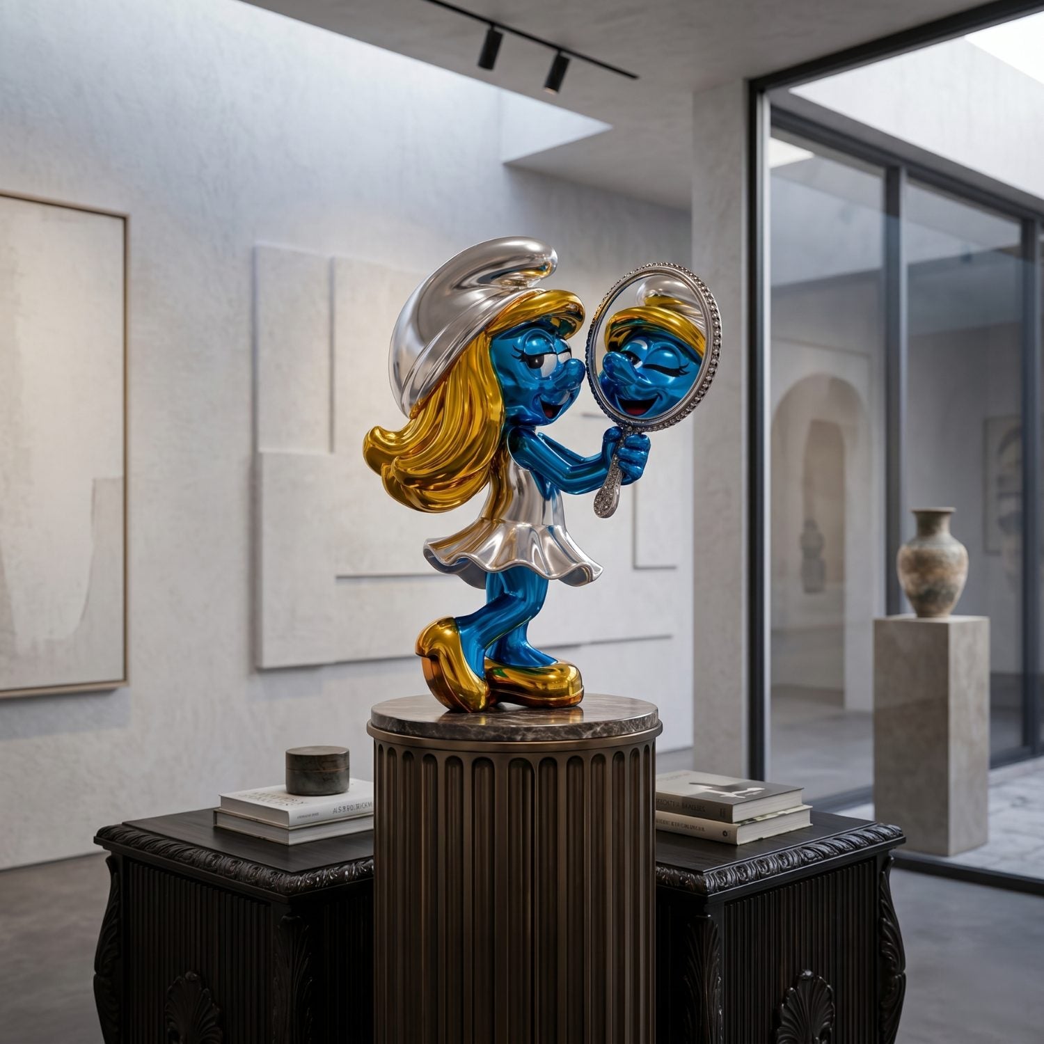 The Smurfette Vanity Mirror Glamour Sculpture - 70cm by Giant Sculptures features a metallic-finished Smurfette holding a vanity mirror, elegantly displayed on a pedestal in a modern gallery with minimalistic and abstract decor.