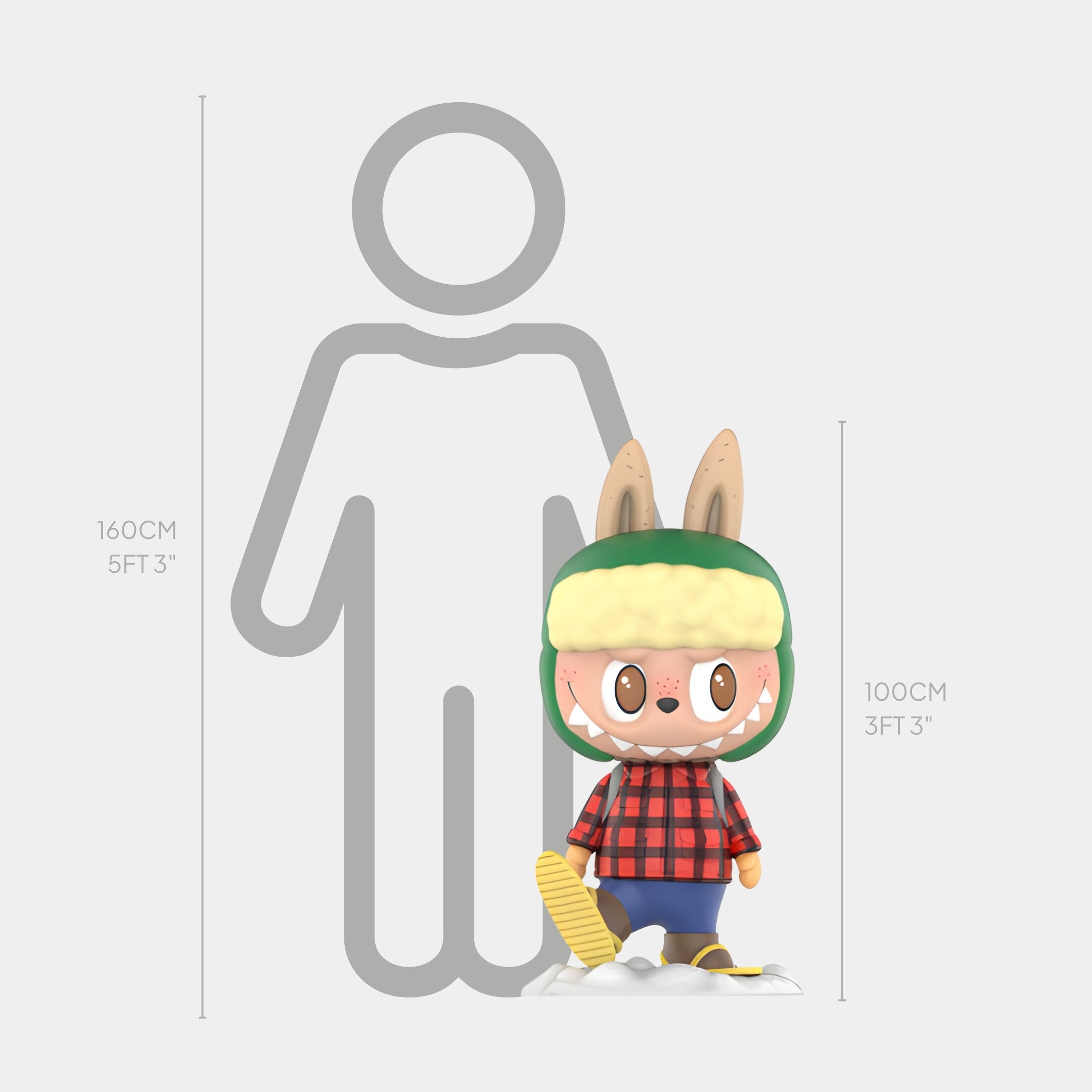 A cartoon figure with a green bunny-eared hat, red plaid shirt, and yellow boots stands by a height chart, inspired by the Giant Sculptures Camp Life Snow Hiker Labubu Sculpture - 100cm.