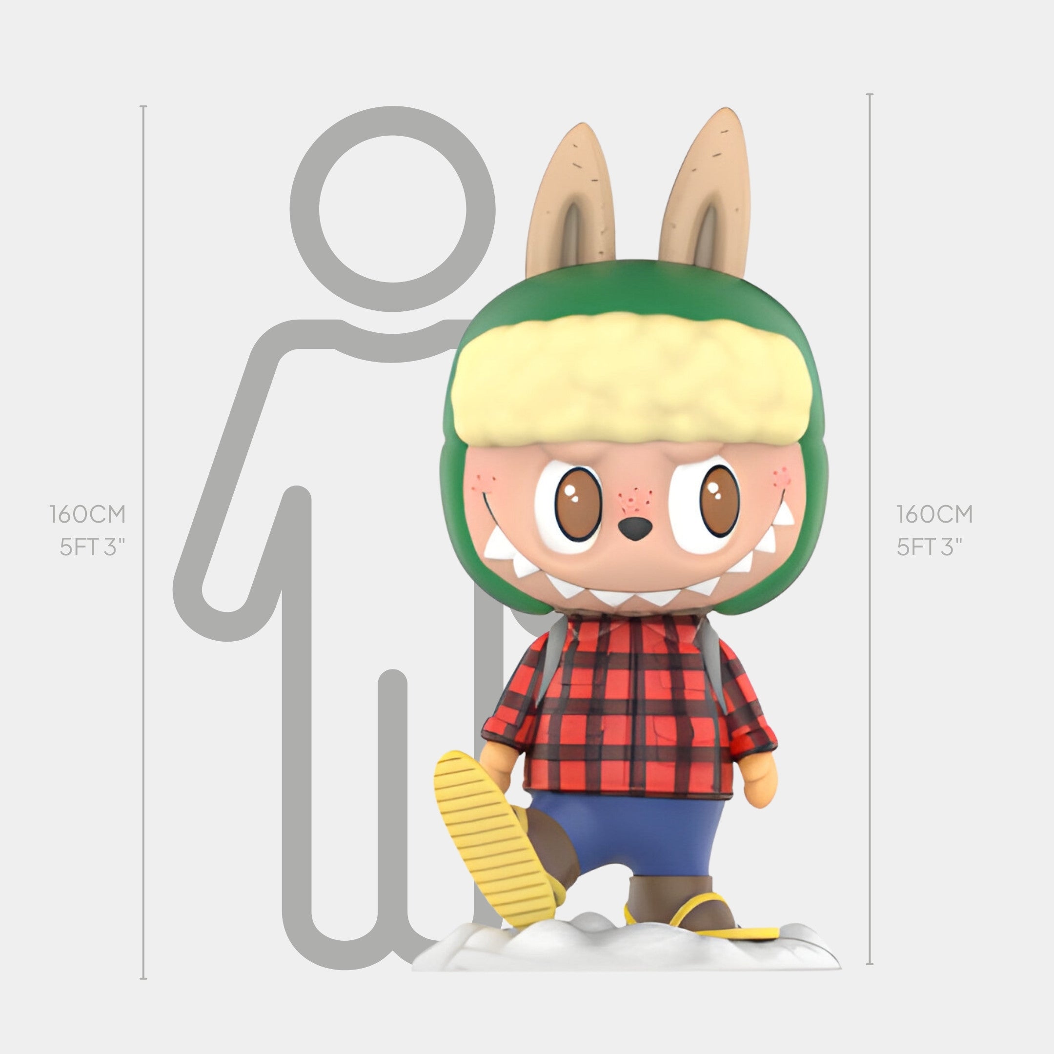 The Giant Sculptures Camp Life Snow Hiker Labubu Sculpture (160cm) features a bunny-eared cartoon character in a green hat, red plaid shirt, and yellow boots on snow, perfectly sized to match a human silhouette for indoor display.