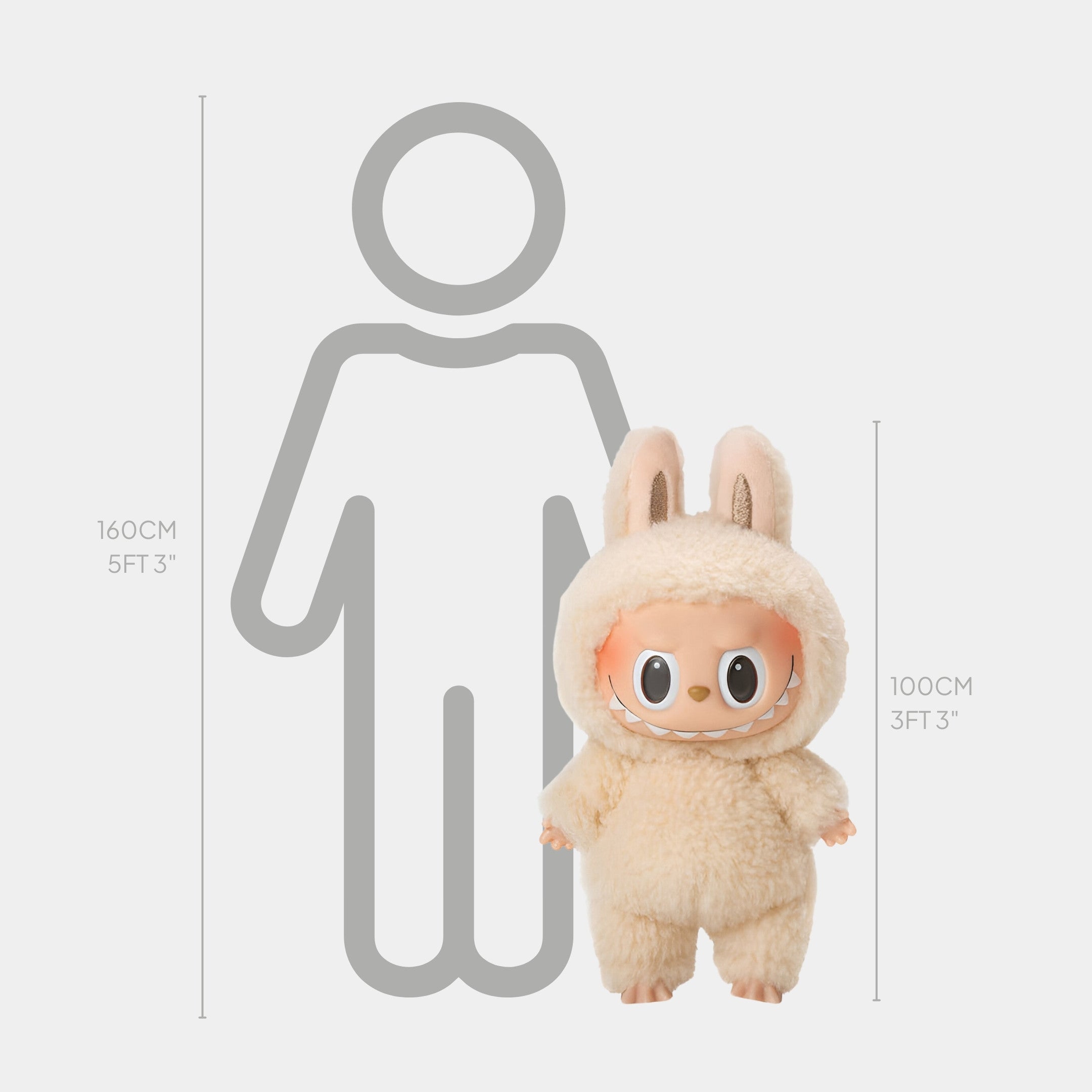 The Giant Sculptures Fluffy Walkers Vanilla Cream Labubu Sculpture stands 100 cm (3 ft 3 in) tall, shown beside a 160 cm (5 ft 3 in) human illustration to highlight its size and adorable, soft-textured bunny costume.