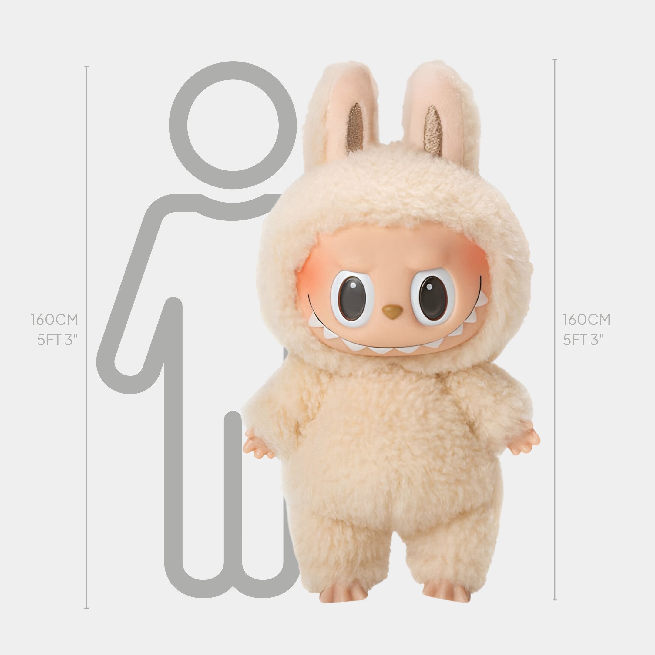 The Fluffy Walkers Vanilla Cream Labubu Sculpture by Giant Sculptures stands 160cm tall, matching the height of a 5 ft 3 in person, with its plush, cream bunny costume making it as charming as a real human beside it.