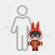 The Space Captain Labubu Sculpture - 100cm by Giant Sculptures depicts a rabbit-eared cartoon figure in a red uniform, standing playfully beside a height chart and human outline for scale.