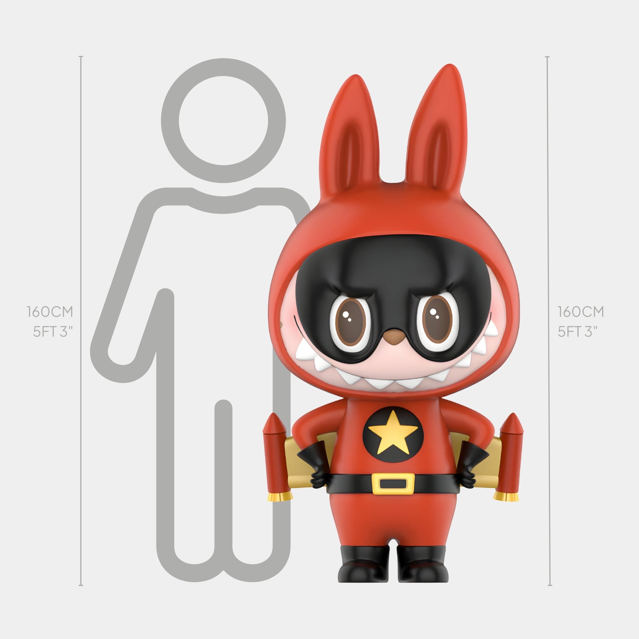 A cartoon figure in a red bunny superhero suit stands before a height chart, matching the 160cm outline of the Giant Sculptures Space Captain Labubu Sculpture.