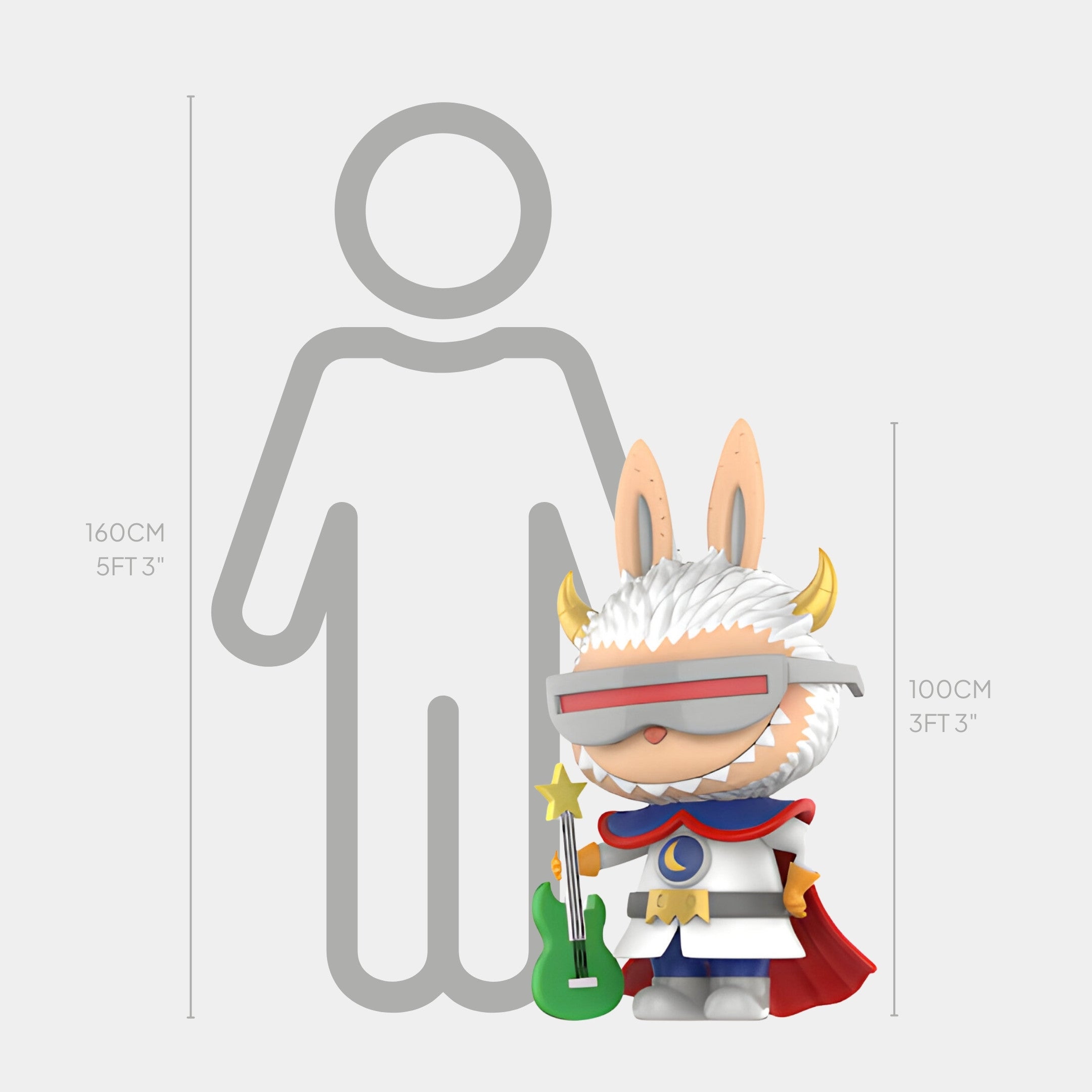 The Space Warrior Labubu Sculpture - 100cm by Giant Sculptures features a cute, cartoon Labubu with bunny ears, horns, sunglasses, red cape, and white coat standing beside a green guitar; height scale shows its interstellar theme and 100cm size.