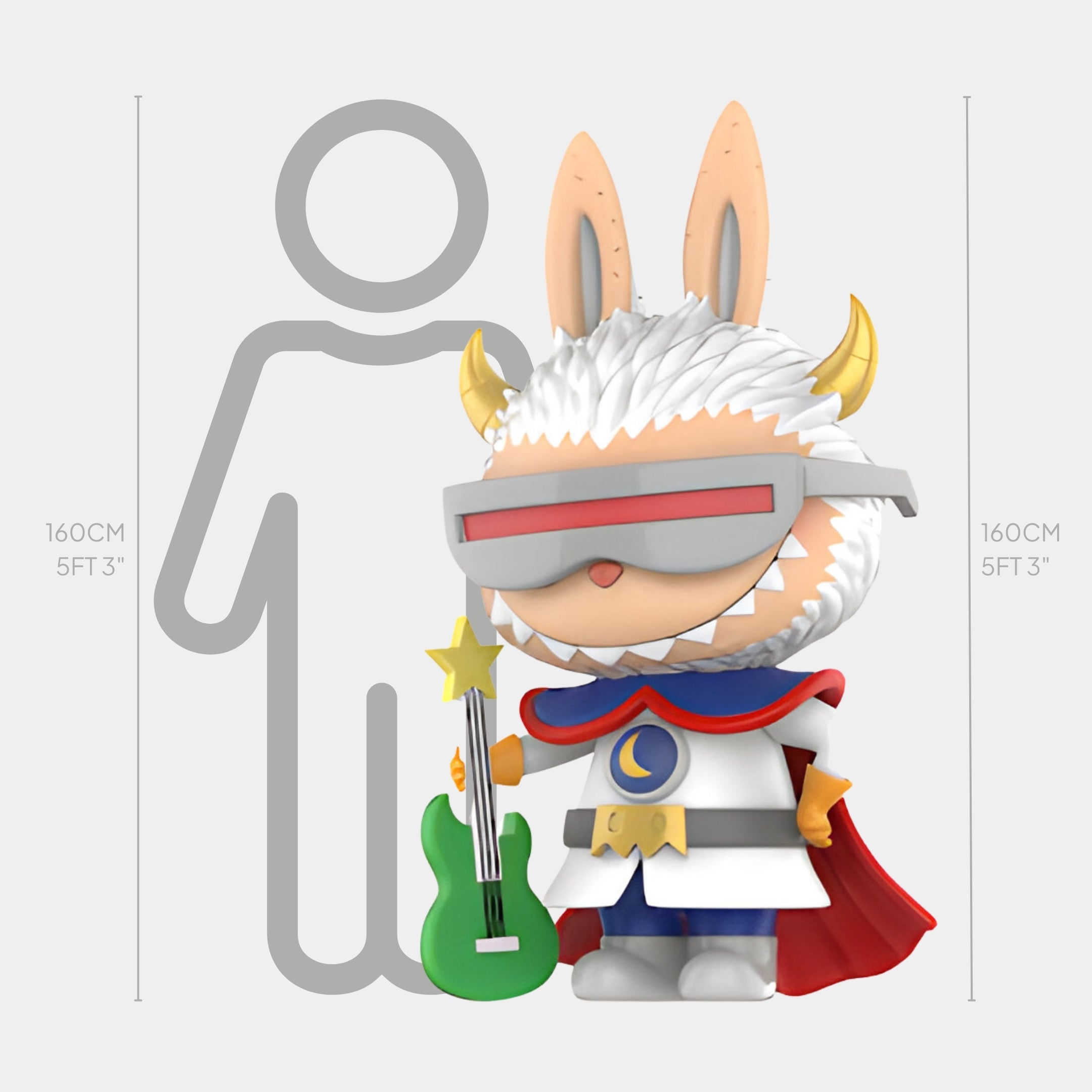 The Space Warrior Labubu Sculpture - 160cm by Giant Sculptures features a cartoonish figure with horns, sunglasses, and a red cape holding a green guitar, hand-polished from fibreglass and shown alongside human height markers (160cm/5ft 3in).