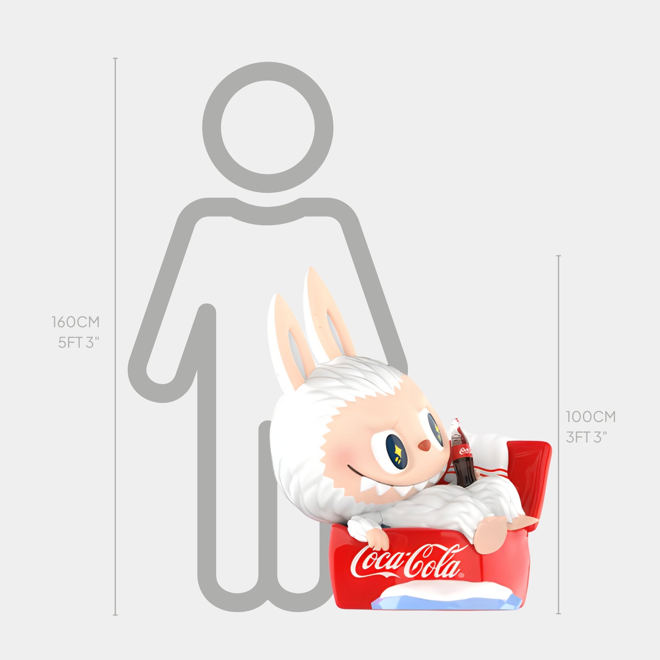 The Special Sofa Coca-Cola Labubu Sculpture by Giant Sculptures features a white cartoon bunny lounging in a red Coke chair with a bottle, displayed beside a 100cm height chart and human outline for pop culture appeal.