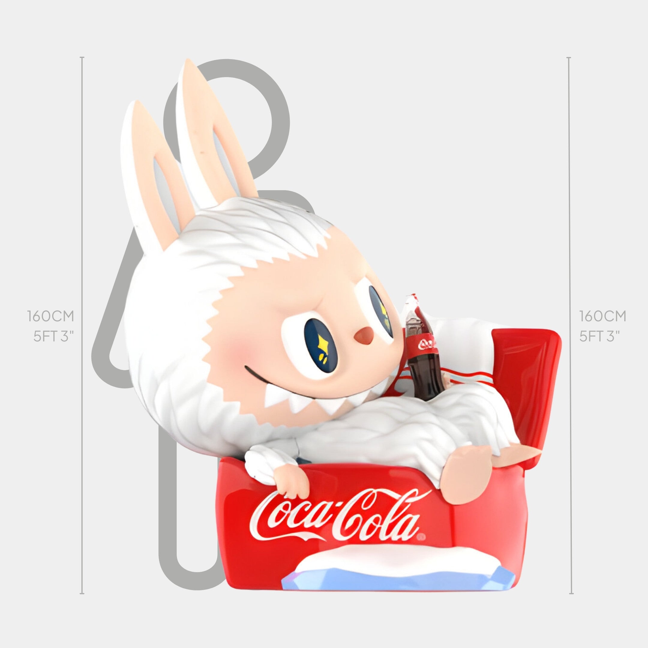 The Giant Sculptures Special Sofa Coca-Cola Labubu Sculpture stands about 160 cm (5 ft 3 in) tall, featuring a charming cartoon bunny lounging in a red Coke can chair and holding a Coke bottle.