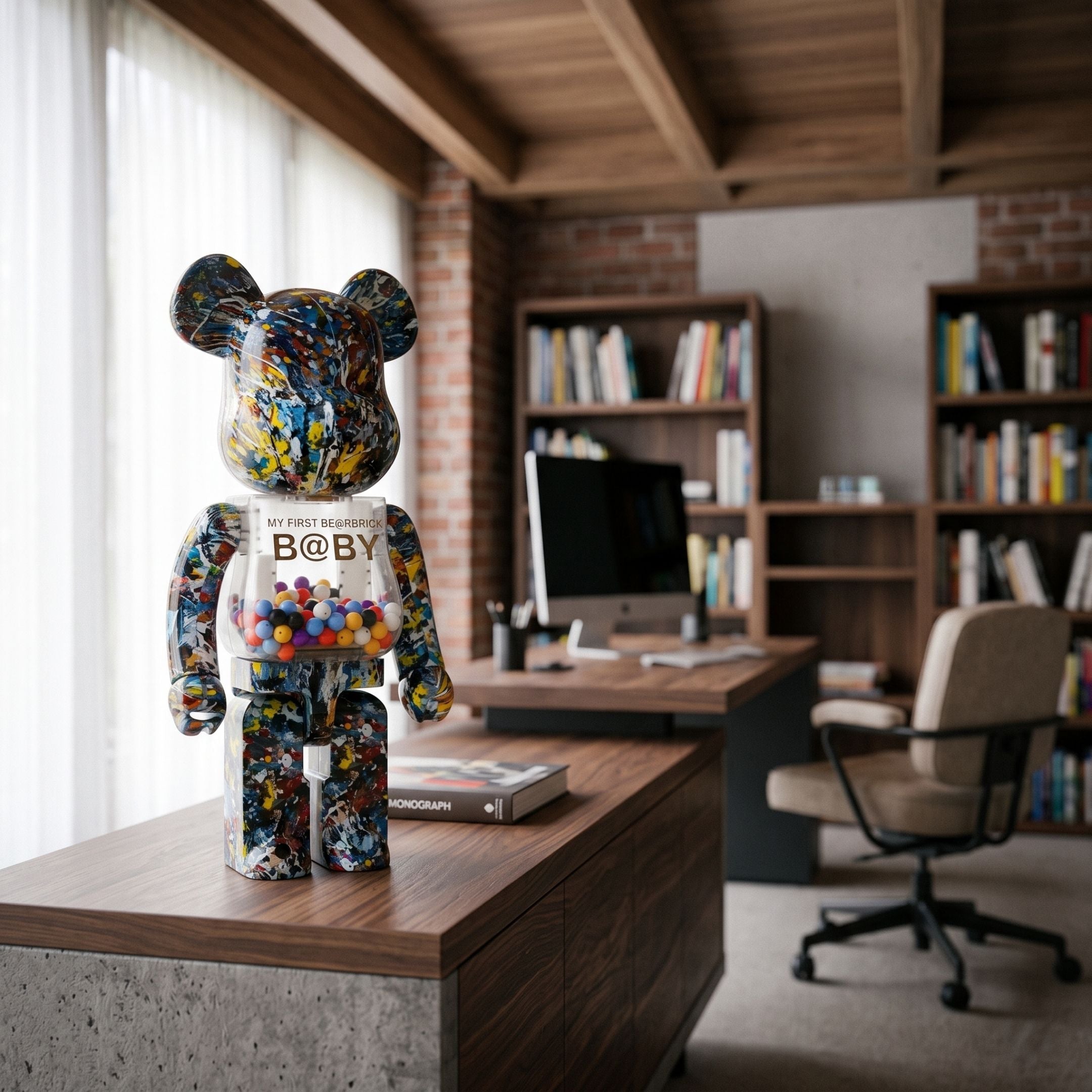 Splatter Prism Bear Sculpture (70cm) by Giant Sculptures, multicoloured paint-splatter finish with a transparent gumball-filled chest, displayed on a wooden desk in a home office with bookshelves.