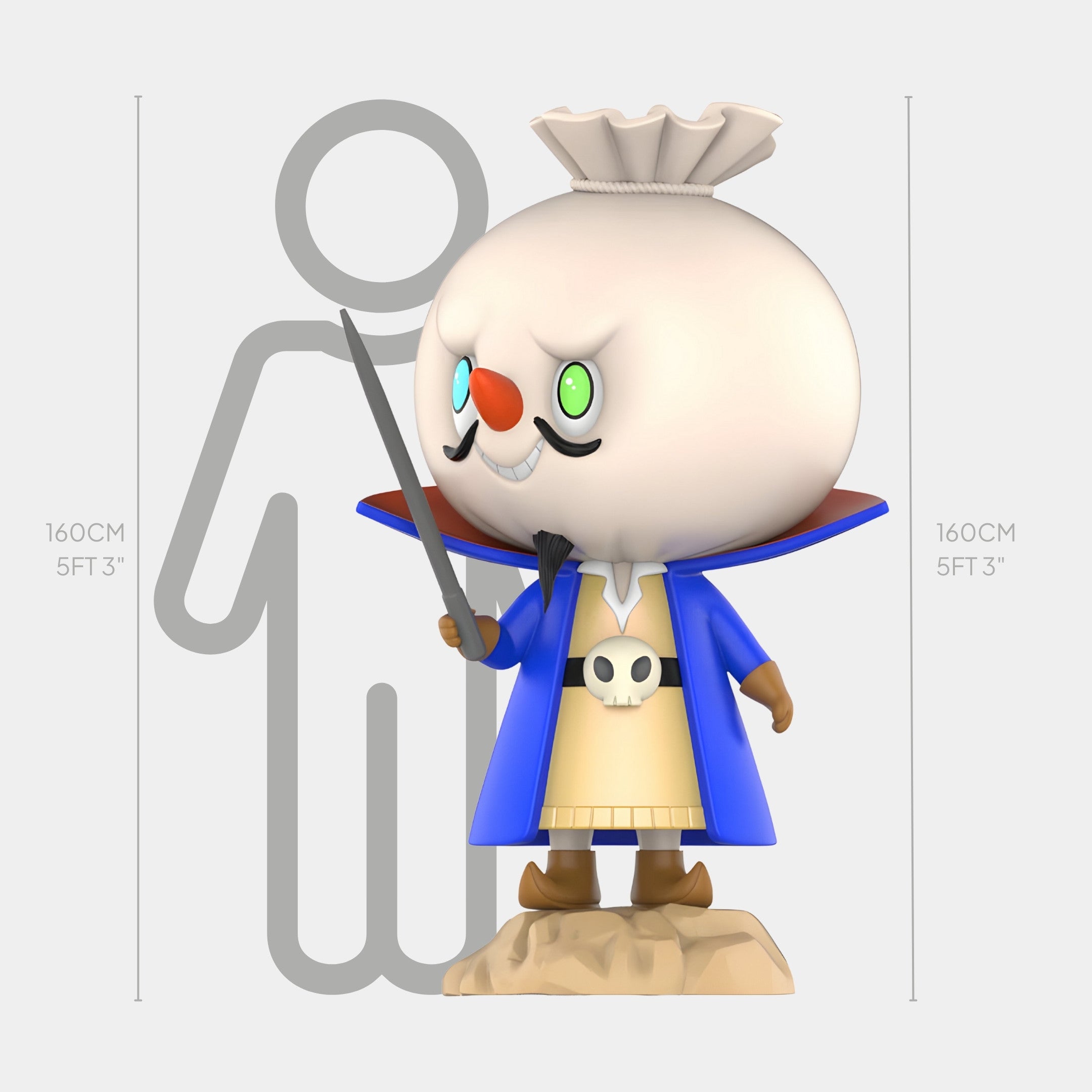 A cartoon character with a round white head, clown-like face, blue coat, yellow dress with skull belt, and brown boots stands by a 160cm chart—mirroring the Space Spooky Emperor Labubu Sculpture by Giant Sculptures.