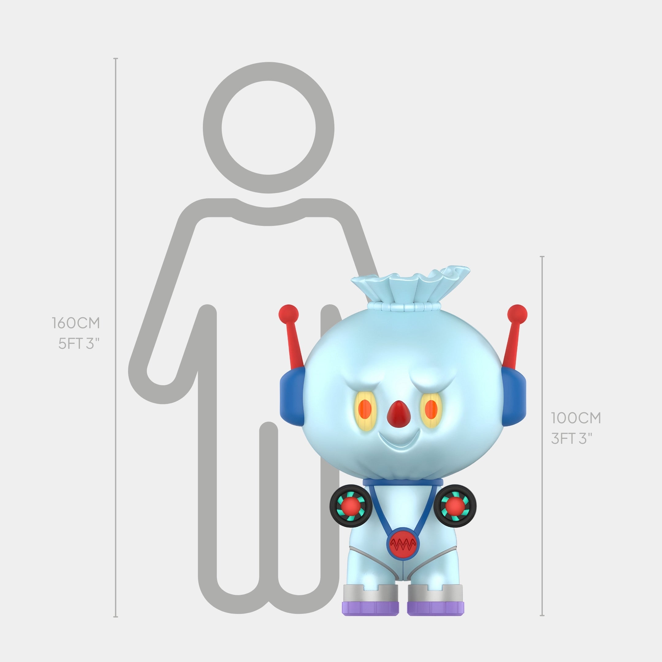 The Space Spooky Soldier Labubu Sculpture by Giant Sculptures stands 100cm tall with a round head, red antennae, and blue accents before a 160cm human outline, highlighting its whimsical fibreglass charm.