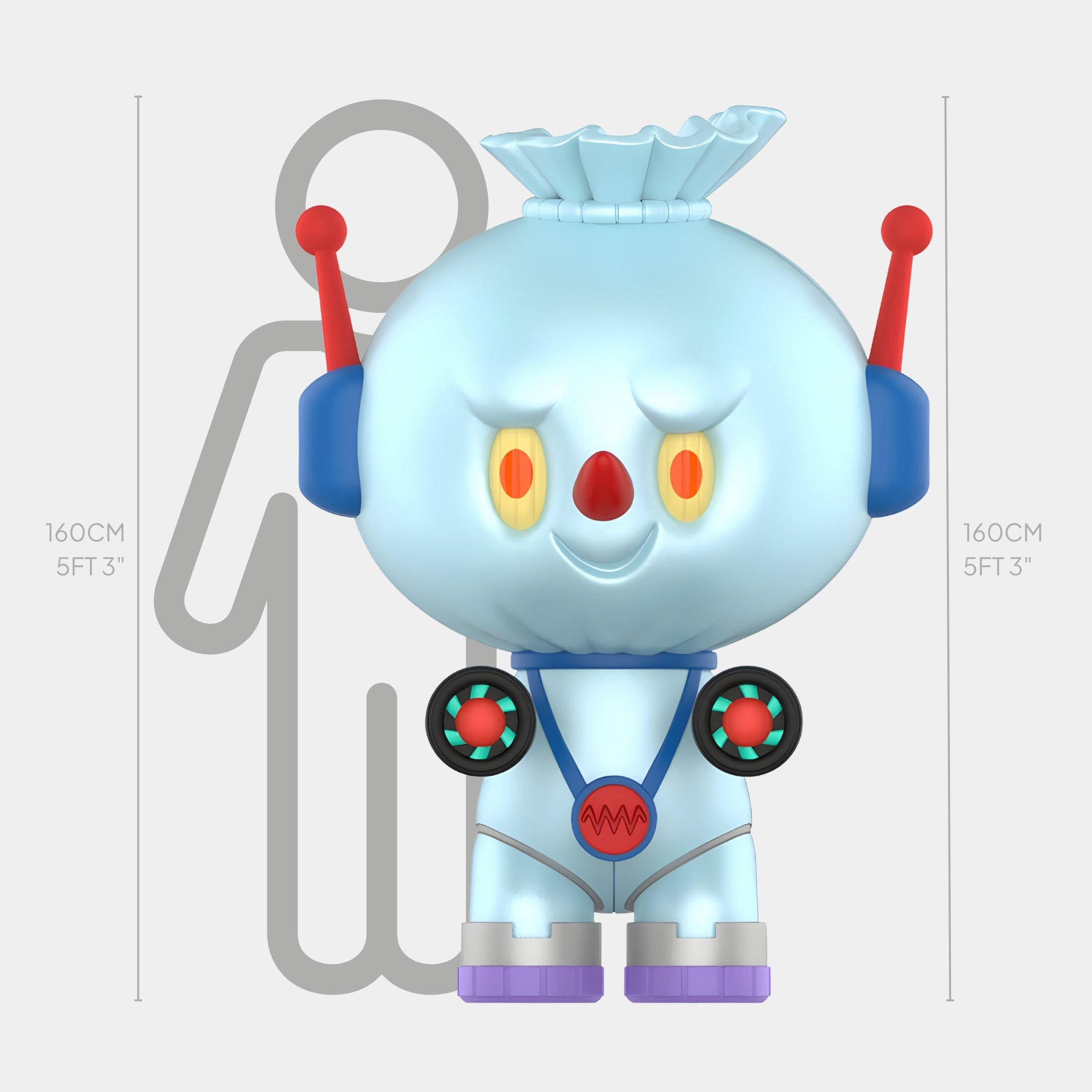 The Space Spooky Soldier Labubu Sculpture by Giant Sculptures stands 160cm tall, matching the height of the person outline behind it. This round, blue sci-fi robot toy features red antennas, glowing yellow eyes, and a ruffled top.