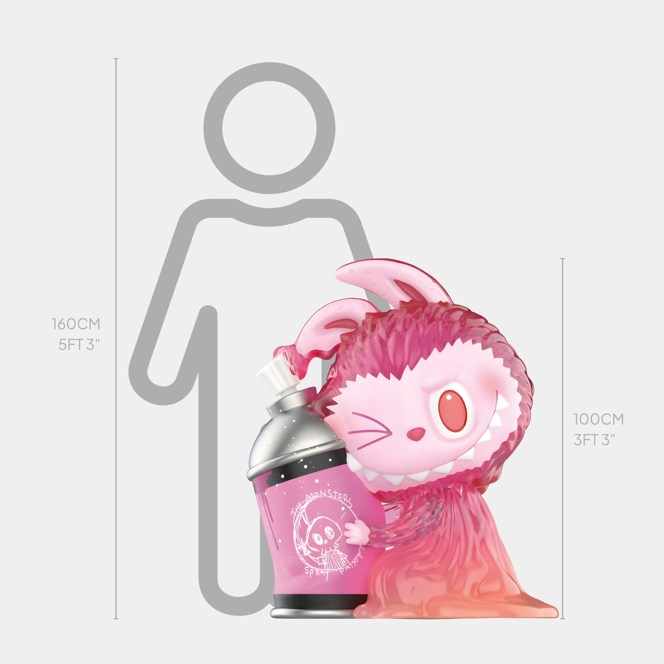 The Hidden Spray Can Labubu Sculpture - 100cm by Giant Sculptures is a pink, rabbit-like cartoon figure winking and smiling, holding a spray paint can with gray outline and height markers for scale—a playful street art tribute.