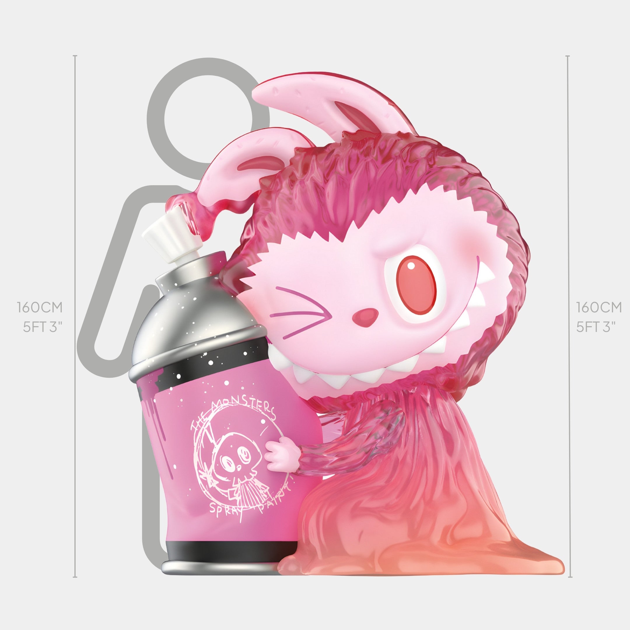 The Hidden Spray Can Labubu Sculpture by Giant Sculptures is a 160cm-tall pink, cartoonish figure winking with one eye and holding a large spray paint can, featuring street-art motifs and shown next to a human silhouette for scale.