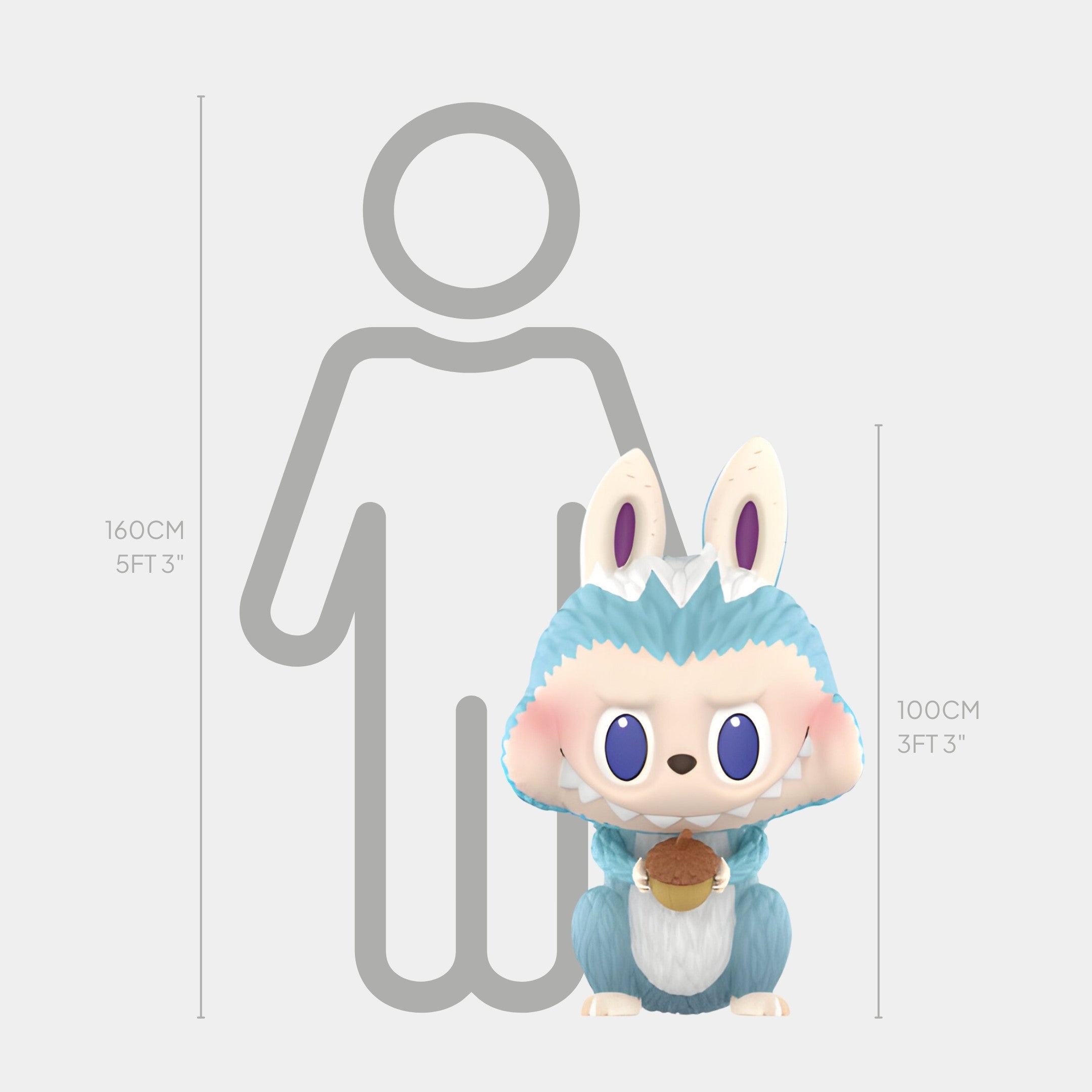 The Animal Squirrel Labubu Sculpture - 100cm by Giant Sculptures features a cute blue and white cartoon creature with large ears holding an acorn, perfect for woodland-themed indoor displays. Shown beside a 160 cm human for scale.