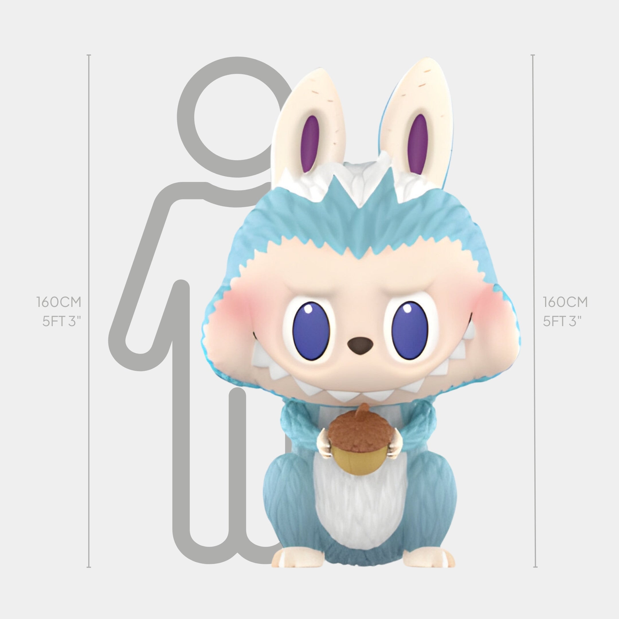 The Animal Squirrel Labubu Sculpture - 160cm by Giant Sculptures is a cute blue and white fibreglass piece with large ears, a fluffy tail, and an acorn, standing nearly as tall as a 160 cm (5 ft 3 in) human.