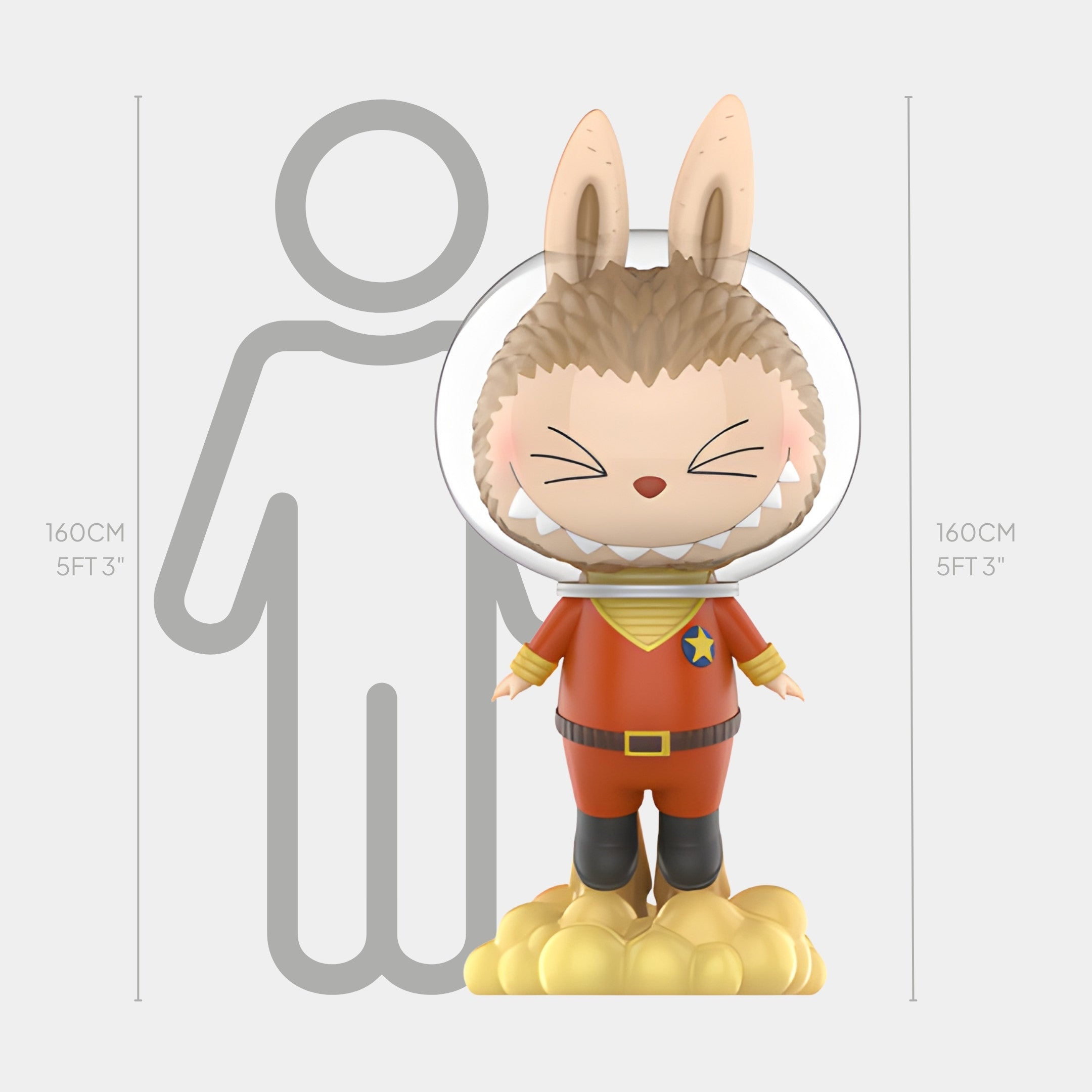The Space Starkiller Labubu Sculpture - 160cm by Giant Sculptures is a cartoon bunny in sci-fi space gear, with a red suit, blue star badge, clear helmet, and yellow clouds. A grey outline shows its impressive height.